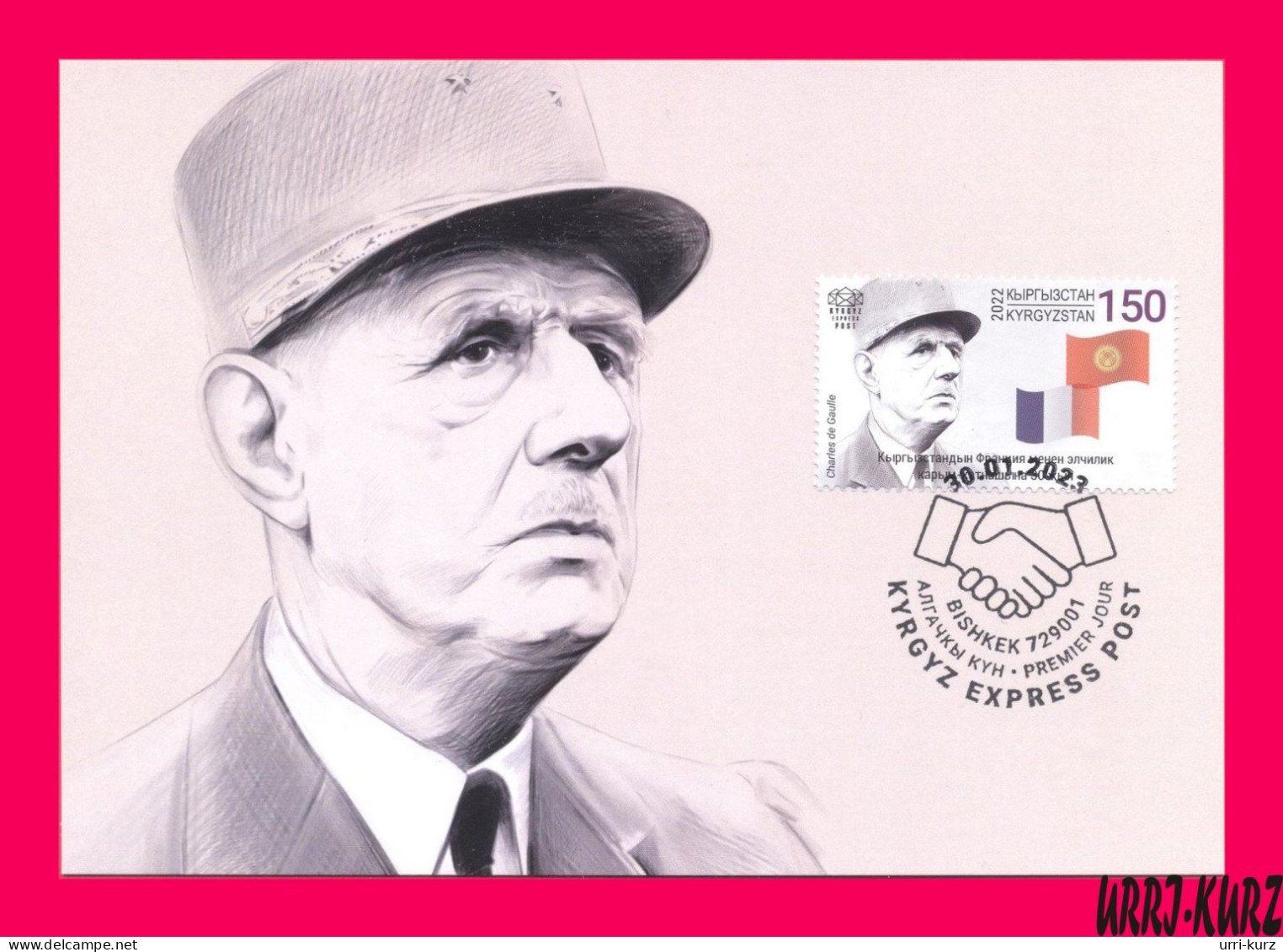 KYRGYZSTAN 2022-2023 Famous People France Military Political Figure General Charles Gaulle 1890-1970 Flags Maxicard Card - Kirguistán