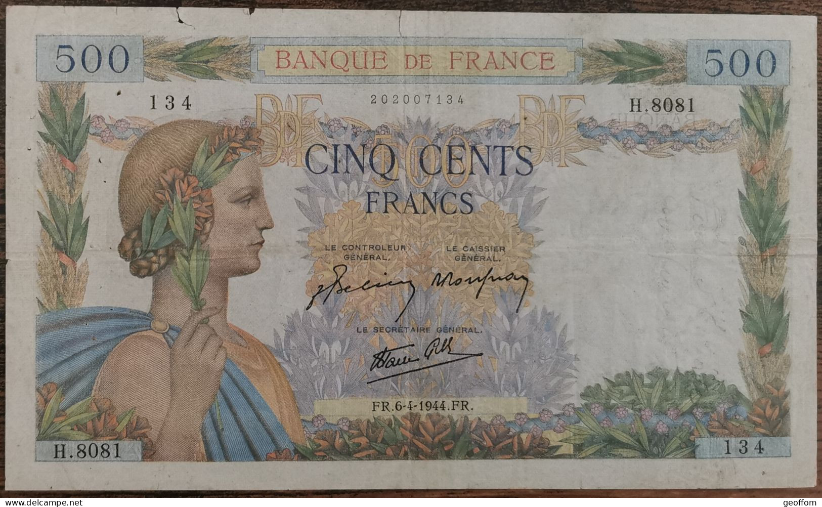 Billet 500 Francs LA PAIX 6 - 4 - 1944 FRANCE H.8081 - 500 F 1940-1944 ''La Paix''