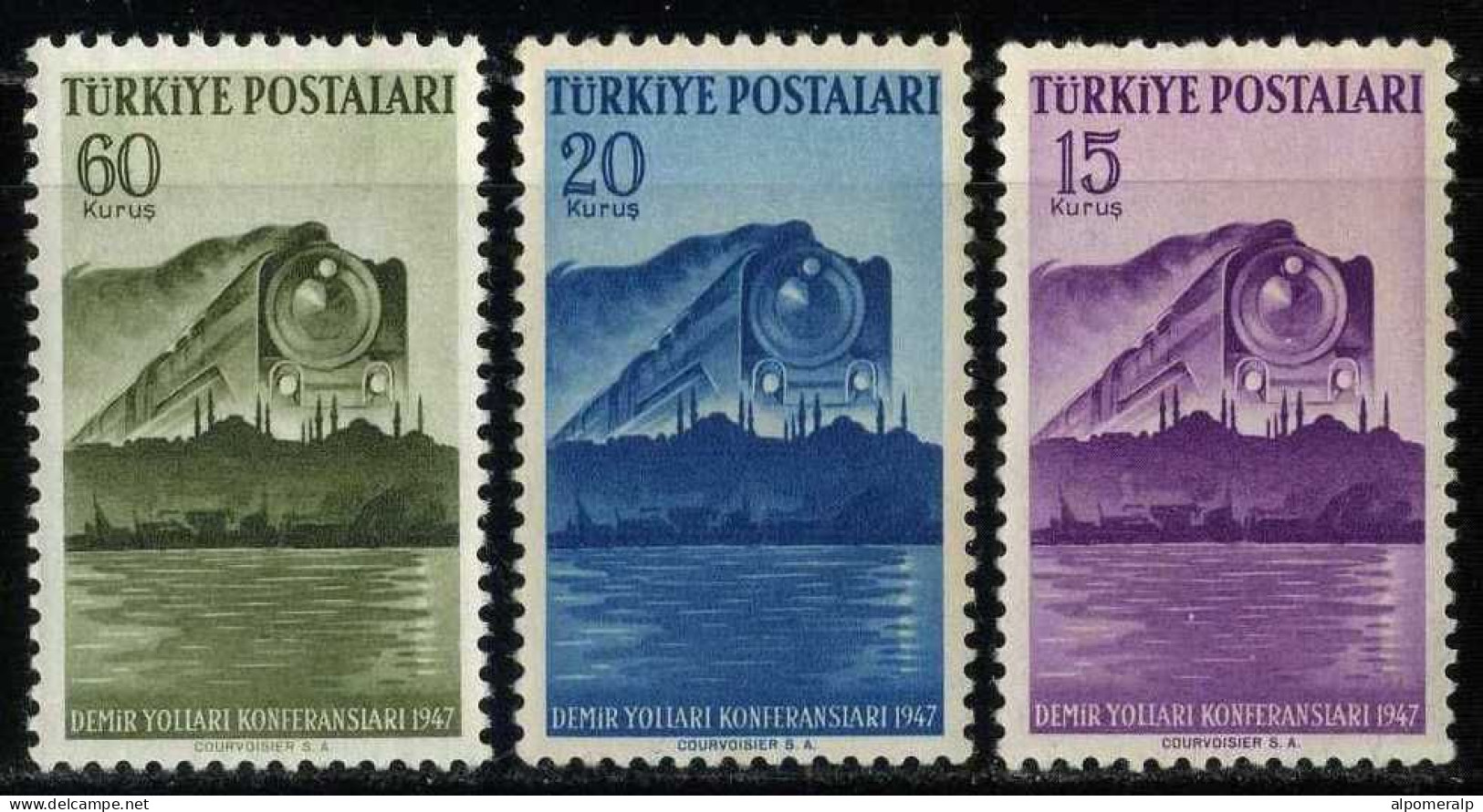 Türkiye 1947 Mi 1199-1201 International Railroad Conferences | Approaching Train, Istanbul Skyline, Locomotive, Railway - Used Stamps