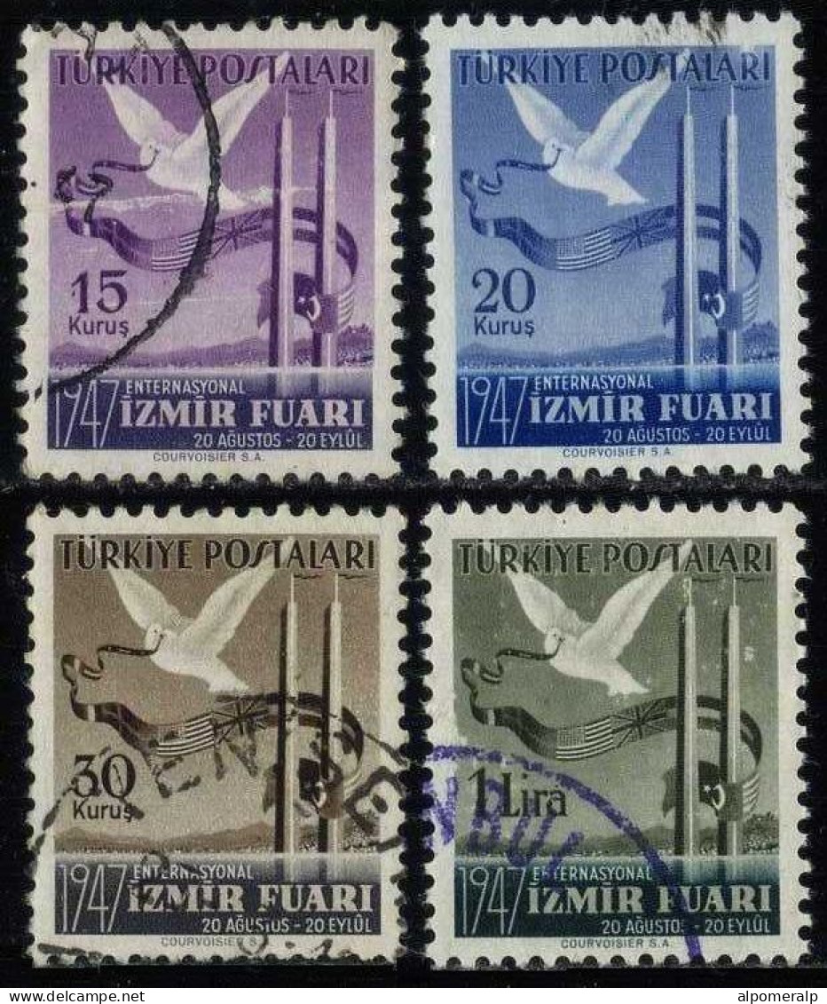 Türkiye 1947 M 1186-1189 Izmir International Fair | Dove And Flag Decorated Banderol, Flagpoles, City View From Izmir - Used Stamps