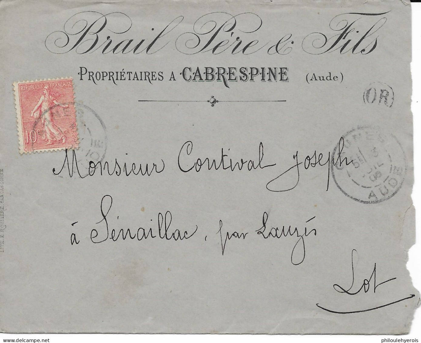 CABRESPINE (11) Brail Père Et Fils 1905 Pour SENAILLAC Par LAUZES (46) + OR (origine Rurale) - Non Classés