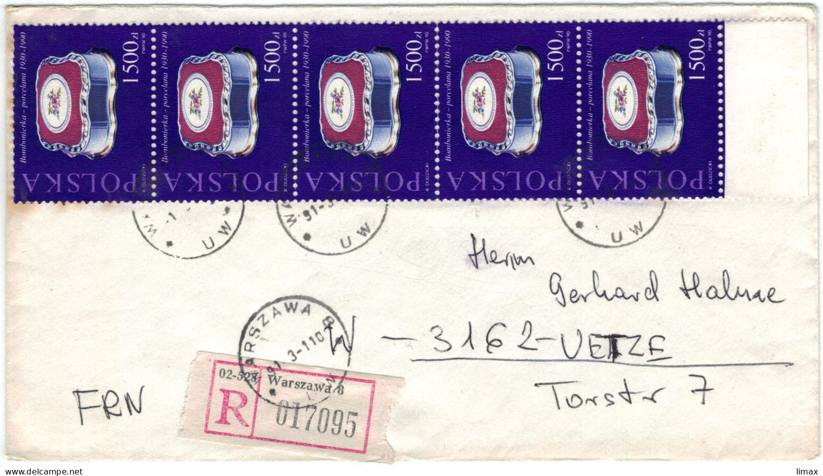 Warszawa1991 Reko > Uetze - Bonbon-Schachtel Porzellan - MEF 5fach = 7500 Zloti - Storia Postale