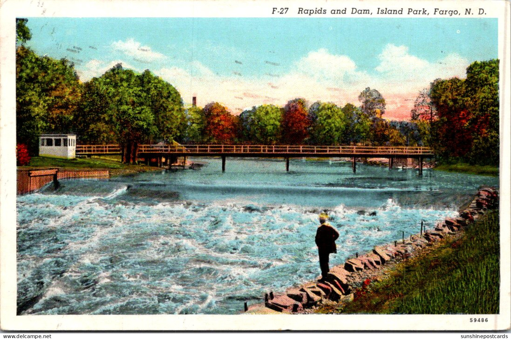 North Dakota Fargo Island Park Rapids And Dam 1939 Curteich - Fargo