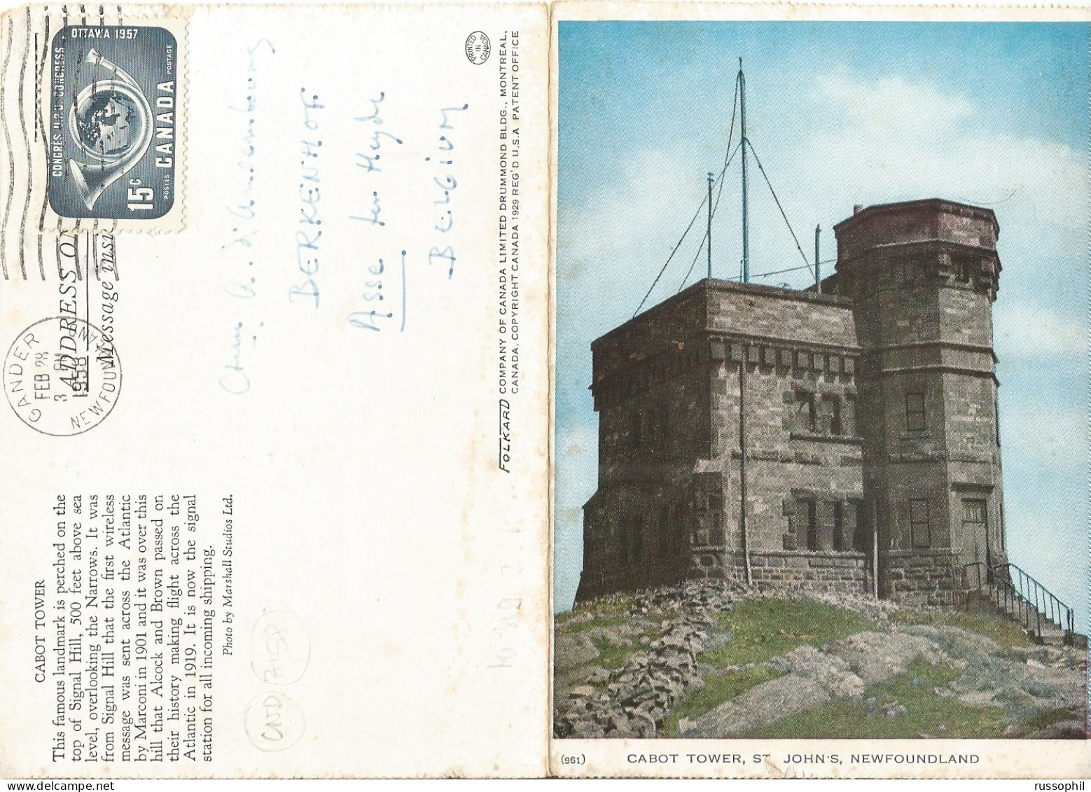 CANADA - DOUBLE PC - CABOT TOWER, ST. JOHN'S, NEW FOUNDLAND - ED. FOLKARD - 1958 - St. John's