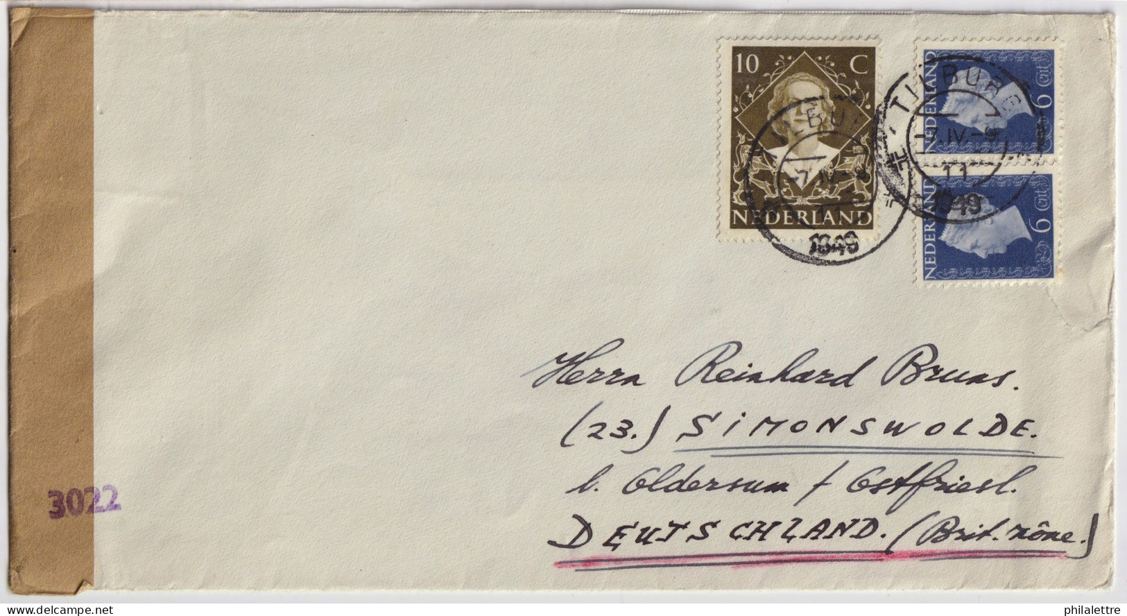 PAYS-BAS / THE NETHERLANDS - 1949 Mi.479 (x2) & Mi.609 On Censored Cover From TILBURG To SIMONSWOLDE, Germany - Storia Postale