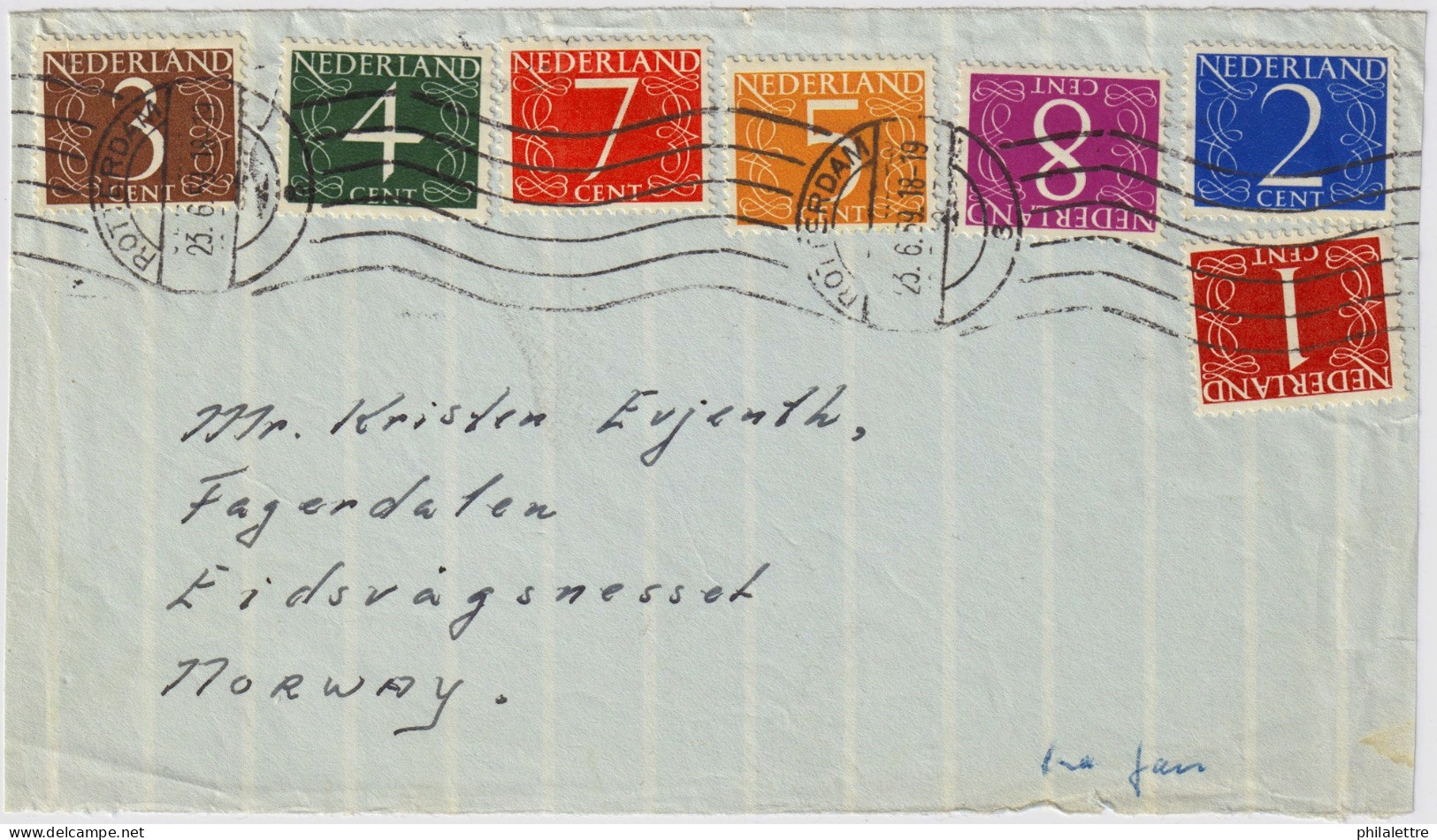 PAYS-BAS / THE NETHERLANDS - 1959 FRONT Only 7-color 30c Franking From ROTTERDAM To EIDSVAGS, MESSET, Norway - Briefe U. Dokumente