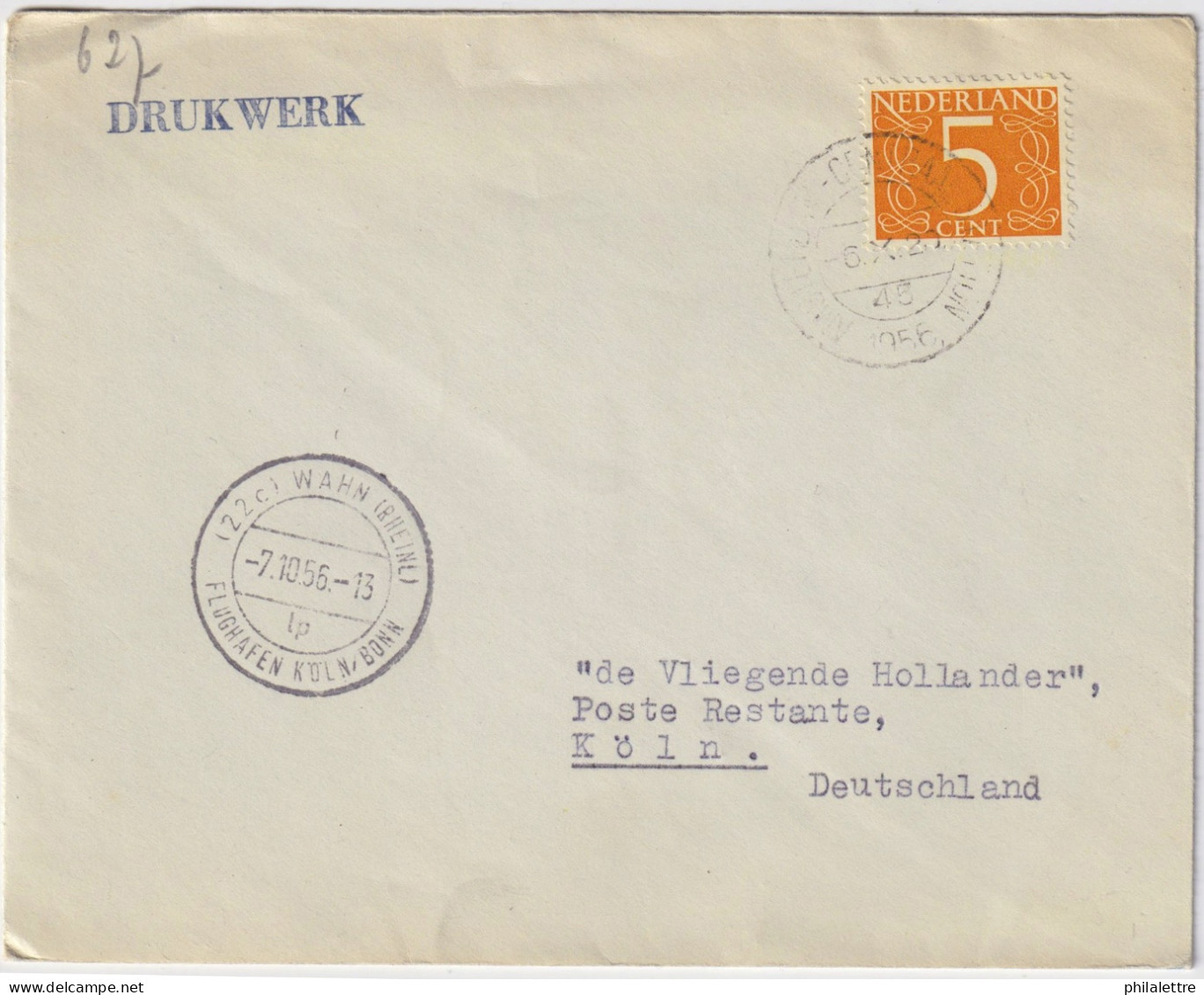 PAYS-BAS / THE NETHERLANDS - 1955 Mi.613YxA On Cover From AMSTERDAM To COLOGNE With Arrival WAHN - Flughafen KÖLN/BONN - Covers & Documents