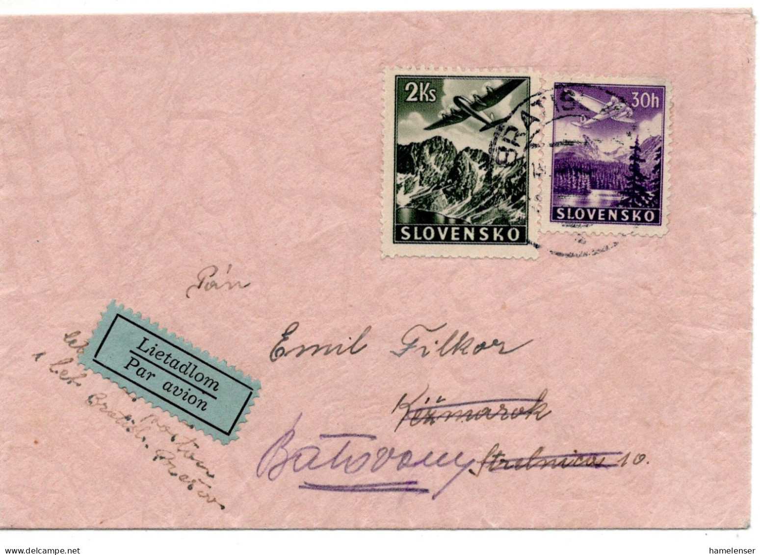 64646 - Slowakei - 1943 - 2Ks Luftpost MiF A LpBf BRATISLAVA -> KEZMAROK, Im Inland Nachges - Lettres & Documents