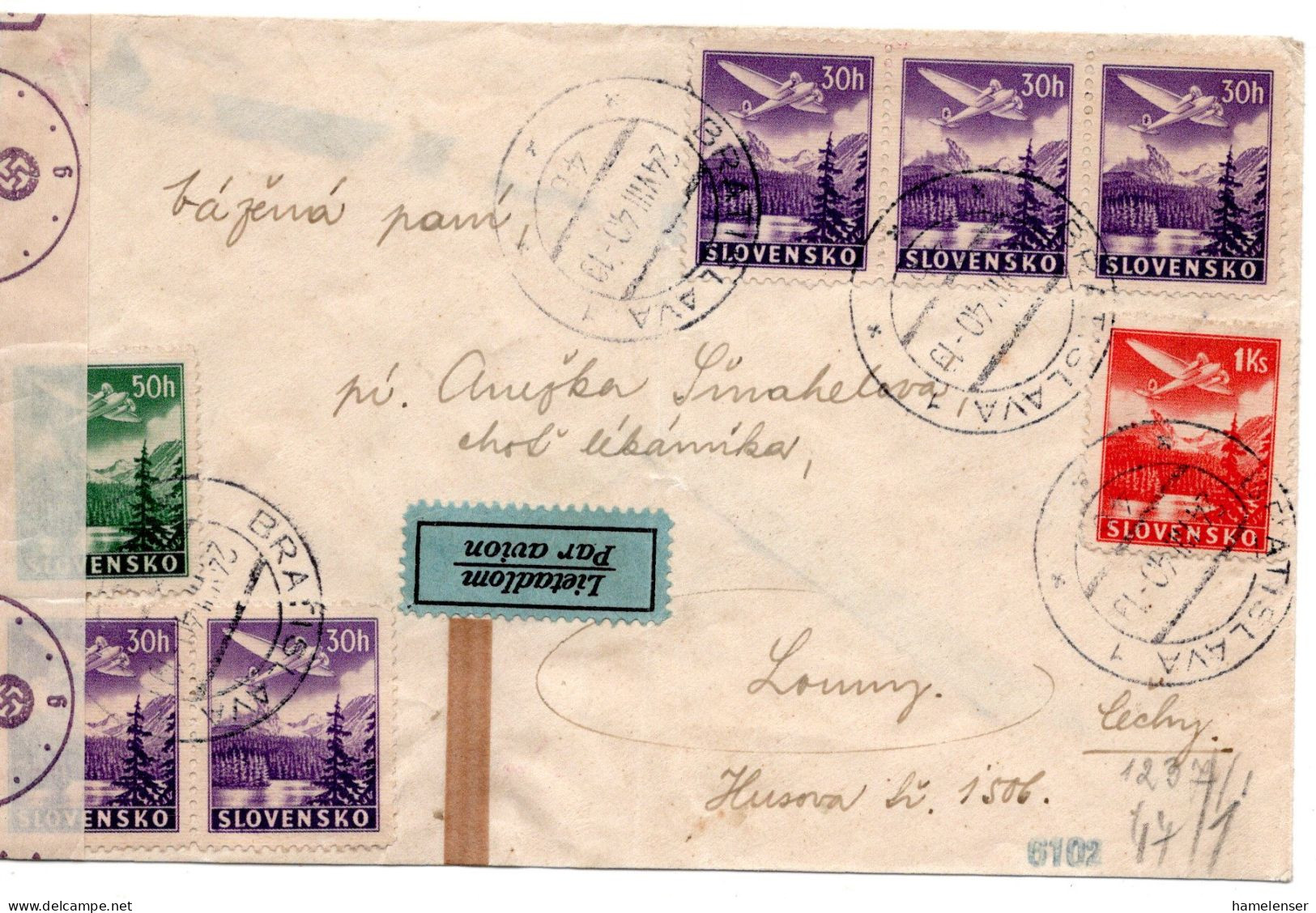 64647 - Slowakei - 1940 - 1Ks Luftpost MiF A LpBf BRATISLAVA -> PRAHA (B&M), M Dt Zensur, Le Senkr Bug, U Riss Rep - Cartas & Documentos