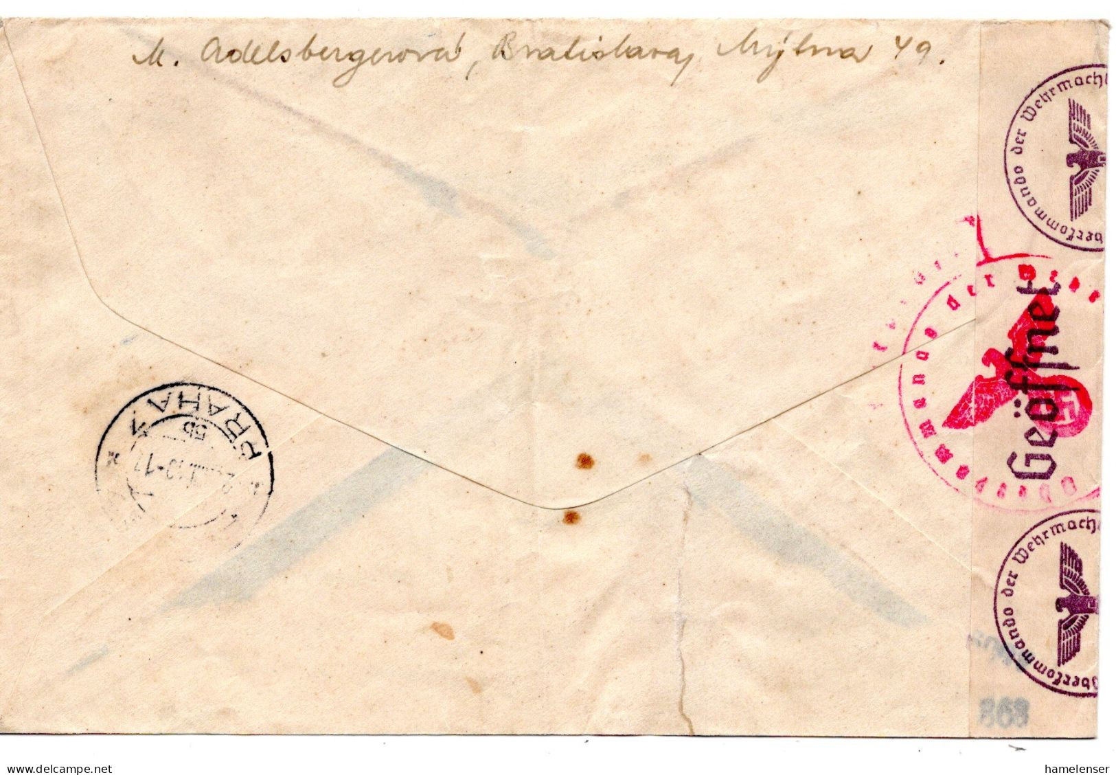64647 - Slowakei - 1940 - 1Ks Luftpost MiF A LpBf BRATISLAVA -> PRAHA (B&M), M Dt Zensur, Le Senkr Bug, U Riss Rep - Covers & Documents