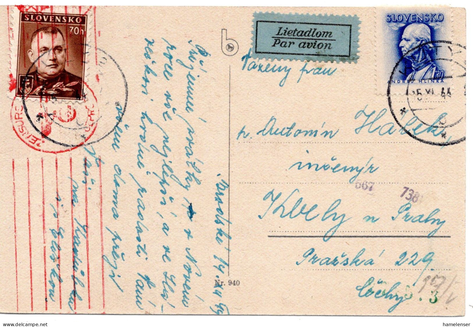 64648 - Slowakei - 1944 - 1,30Ks Hlinka MiF A LpAnsKte KUTY Nach Boehmen & Maehren, M Dt Zensur - Cartas & Documentos