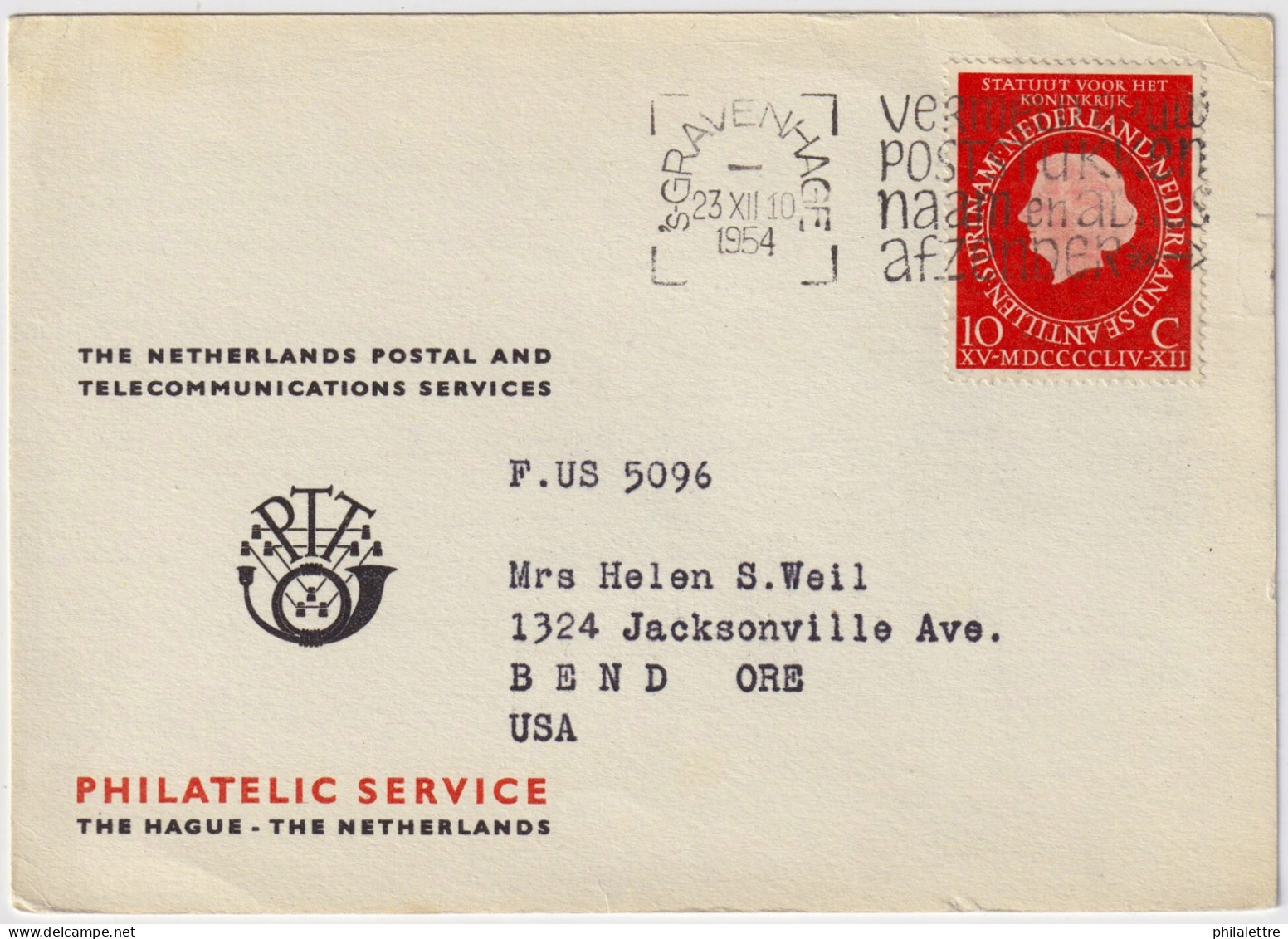 PAYS-BAS / THE NETHERLANDS - 1954 Mi.654 On Special PTT Philatelic Advertising Card To The US - Briefe U. Dokumente