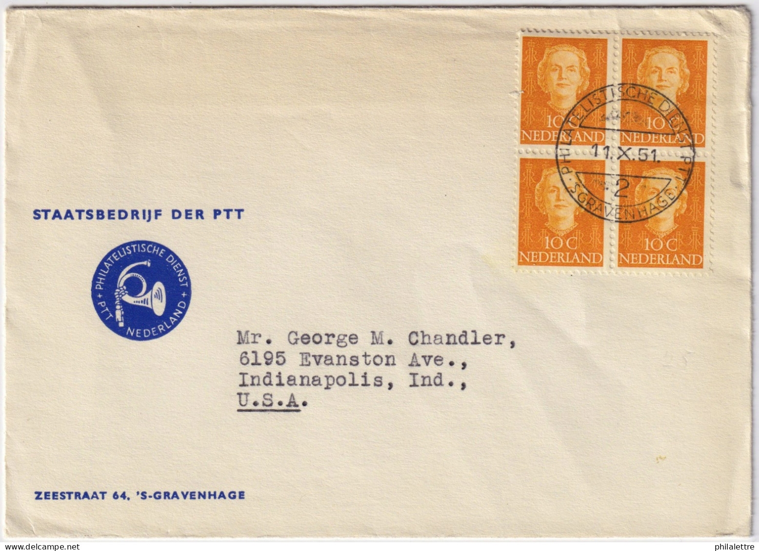 PAYS-BAS / THE NETHERLANDS - 1951 Block Of 4xMi.527 On PTT Cover From 'S-GRAVENHAGE To The US - Storia Postale