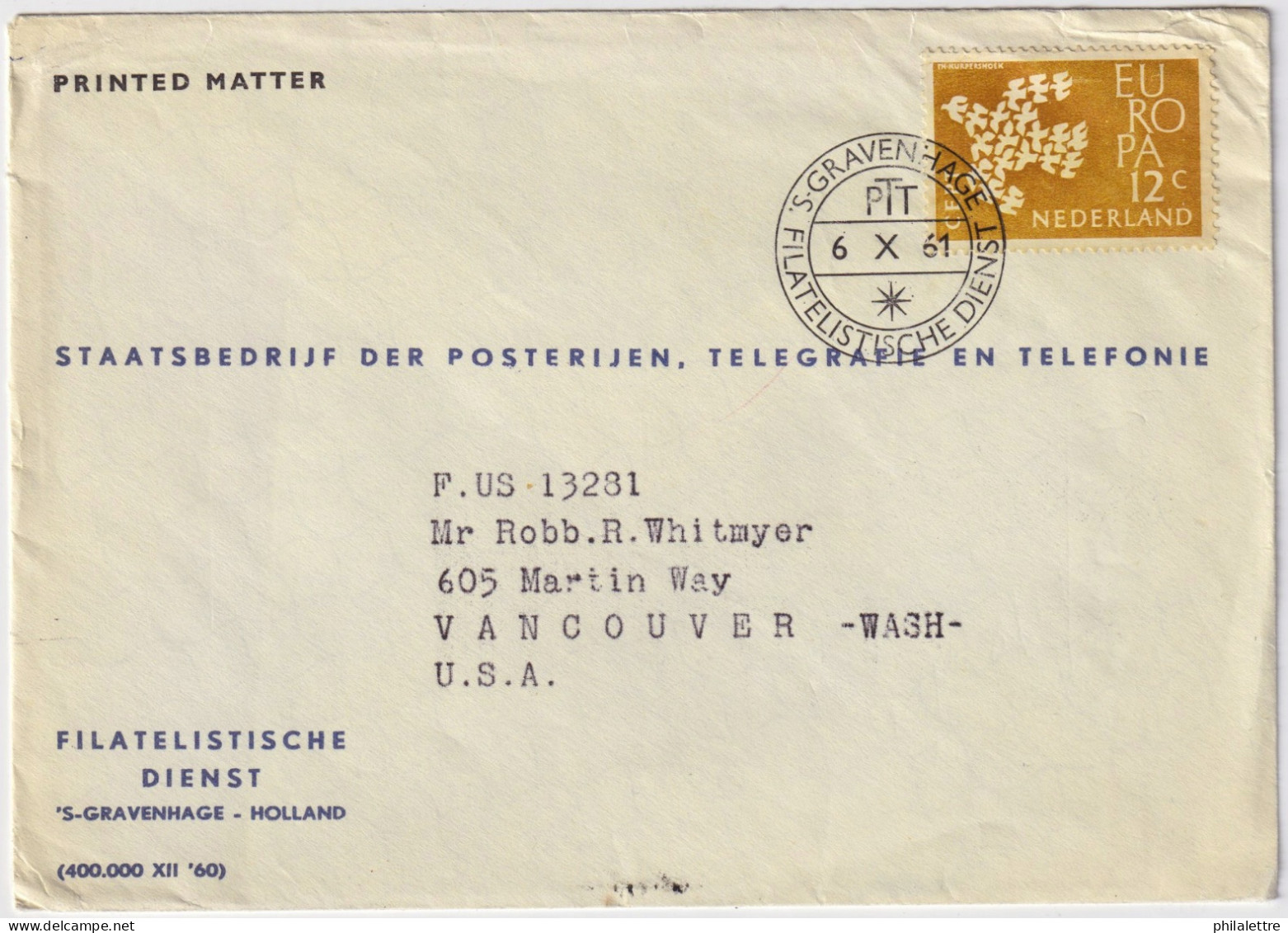 PAYS-BAS / THE NETHERLANDS - 1961 Mi.765 On PTT Cover From 'S-GRAVENHAGE To The US - Covers & Documents