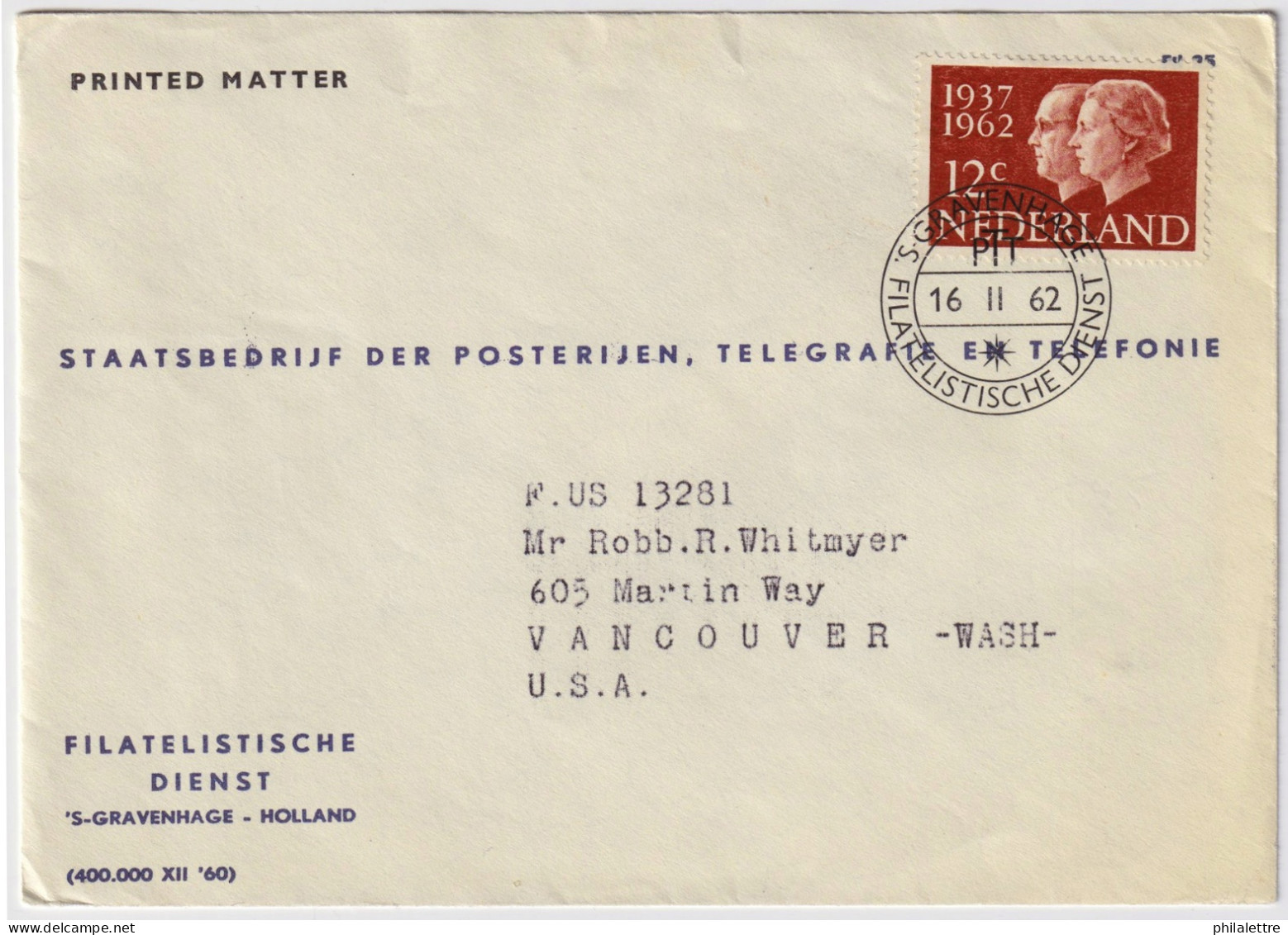 PAYS-BAS / THE NETHERLANDS - 1962 Mi.772 On PTT Cover From 'S-GRAVENHAGE To VANCOUVER, WA, USA - Brieven En Documenten