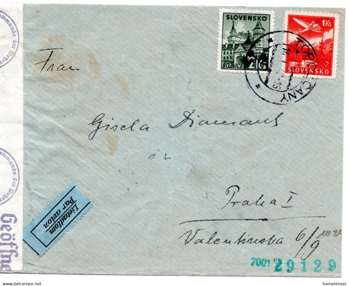 64661 - Slowakei - 1942 - 1Ks Luftpost MiF A LpBf TOPOL'CANY -> PRAG (B&M), M Dt Zensur - Storia Postale