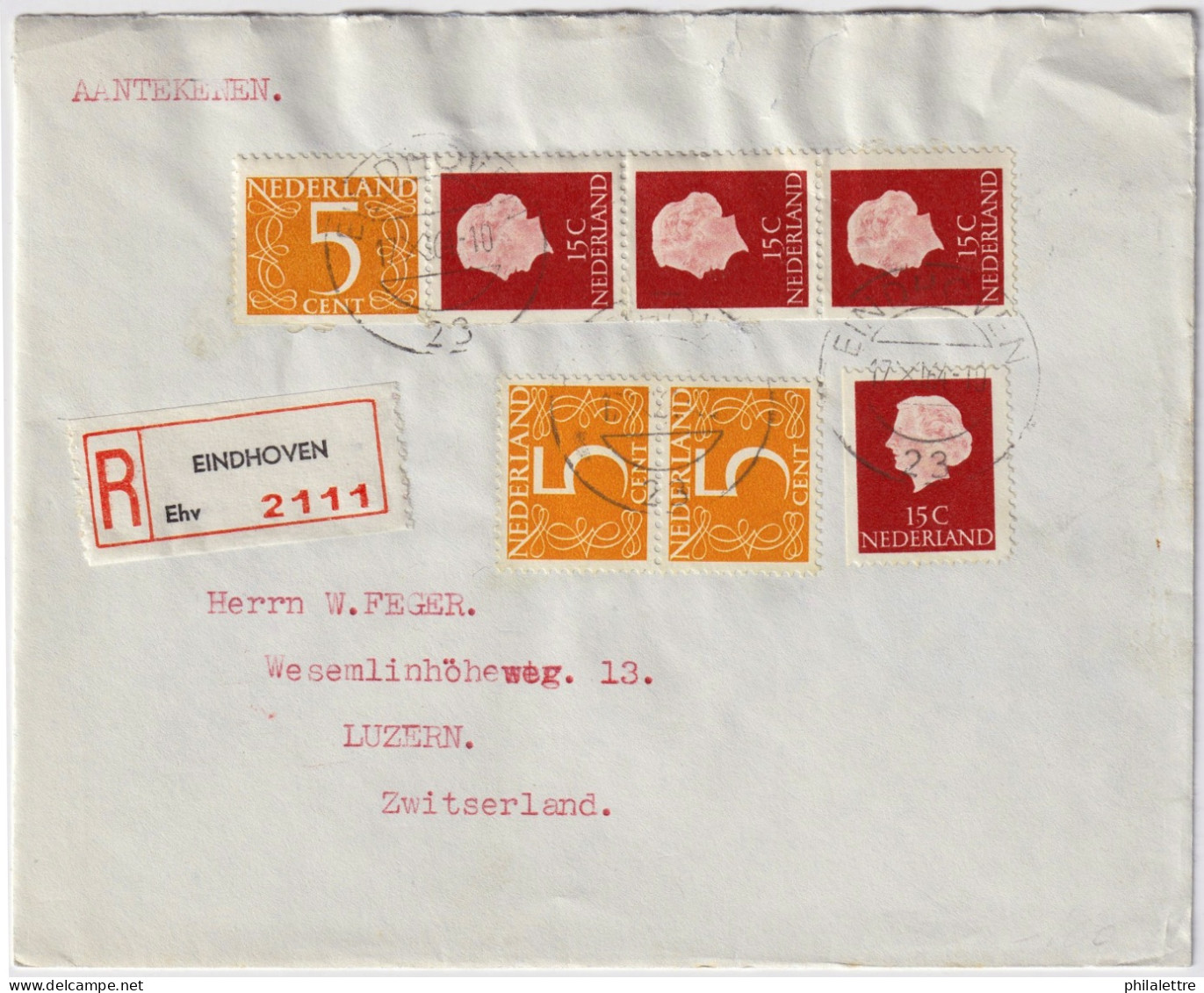 PAYS-BAS / THE NETHERLANDS - 1964 Mi.613 & Mi.621(se Tenant & Multiples) On Reg'd Cover EINDHOVEN To LUZERN, Switzerland - Lettres & Documents