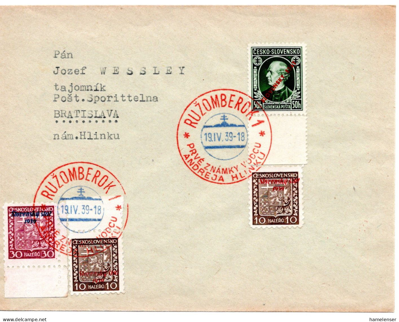 64665 - Slowakei - 1939 - 50h Hlinka Aufdruck MiF A Bf SoStpl RUZOMBEROK - PRVE ZNAMKY ... -> Bratislava - Briefe U. Dokumente