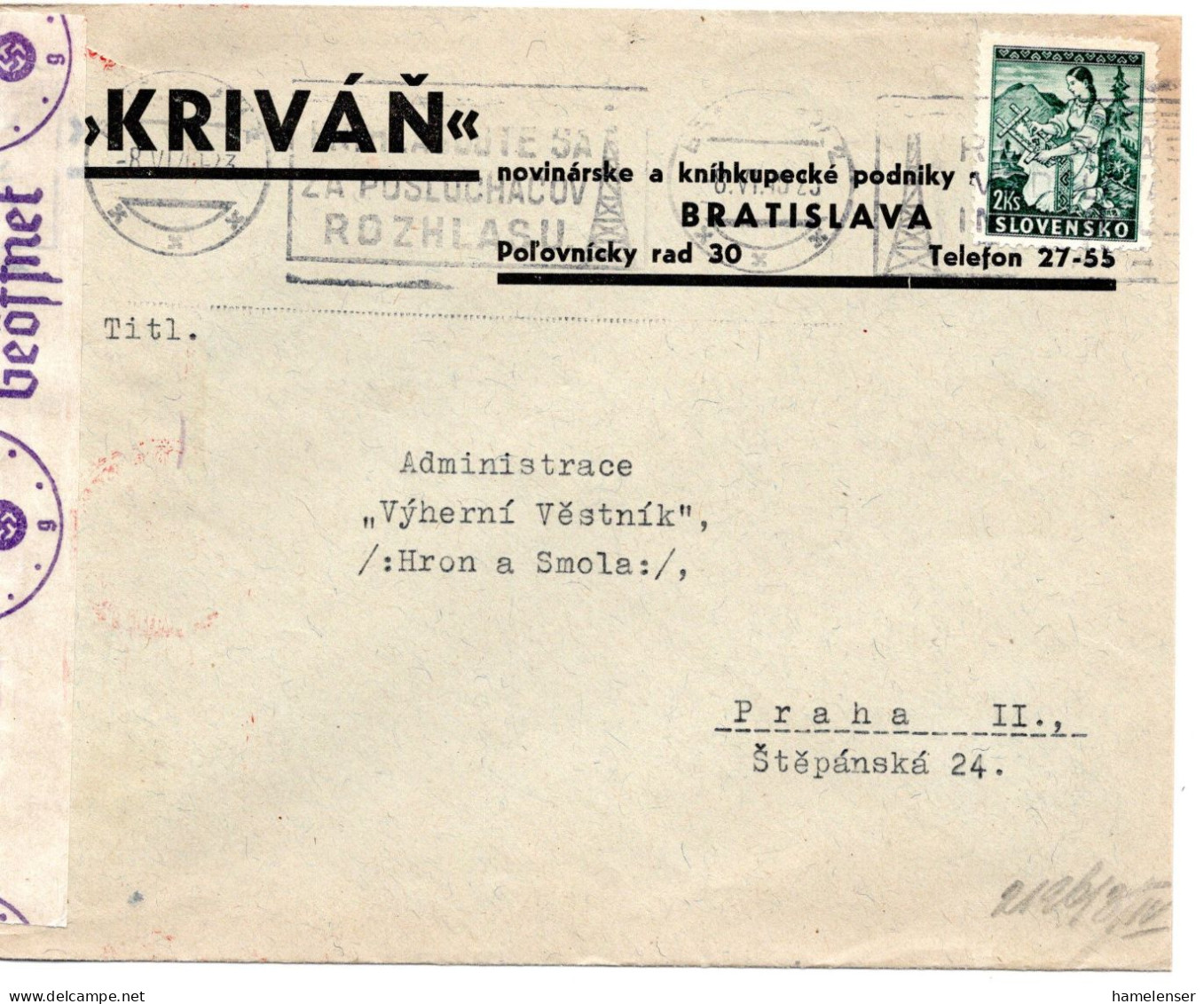 64667 - Slowakei - 1940 - 2Ks Tracht EF A Bf BRATISLAVA - ... -> Boehmen & Maehren, M Dt Zensur - Cartas & Documentos
