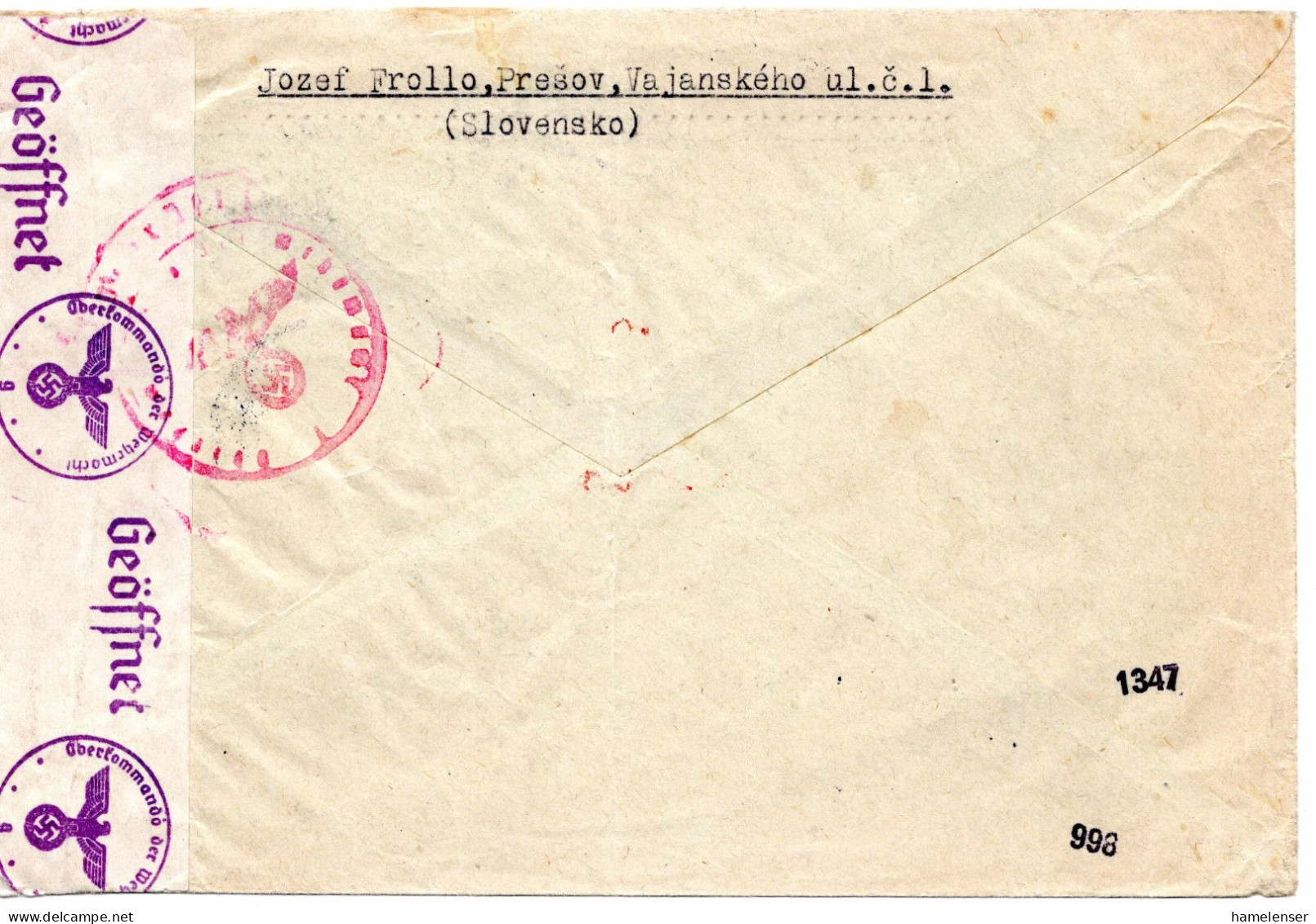 64668 - Slowakei - 1941 - 4Ks Tracht MiF A R-Bf PRESOV -> Boehmen & Maehren, M Dt Zensur - Cartas & Documentos