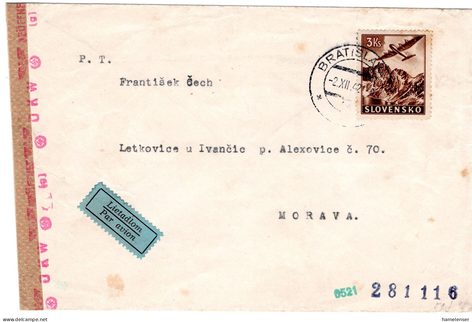 64673 - Slowakei - 1942 - 3Ks Luftpost EF A LpBf BRATISLAVA -> Boehmen & Maehren, M Dt Zensur - Storia Postale