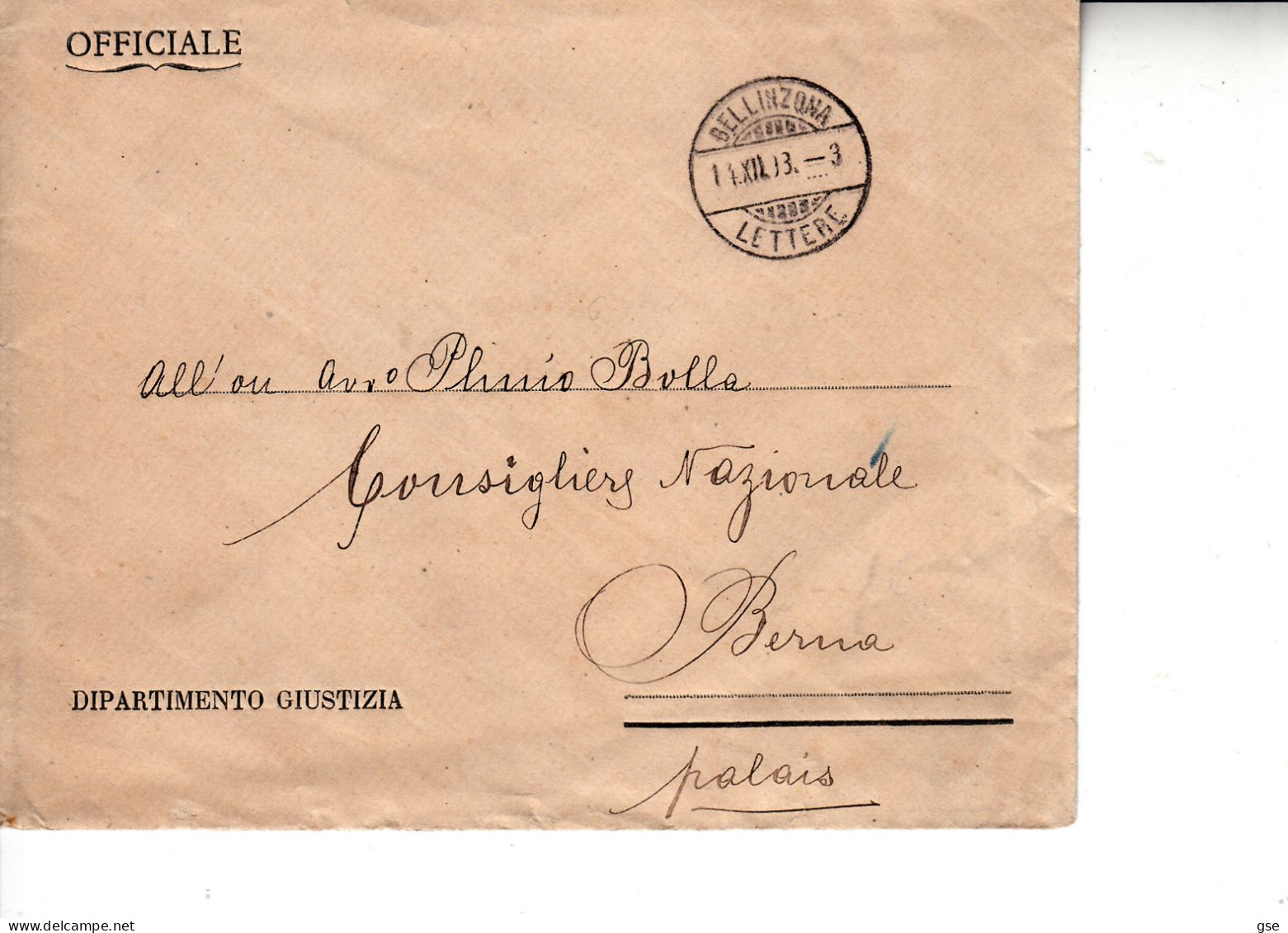 SVIZZERA  1893 - Lettera Da  Bellinzona A Berna - "OFFICIALE" - Dipartimento Giustizia - Franchigia