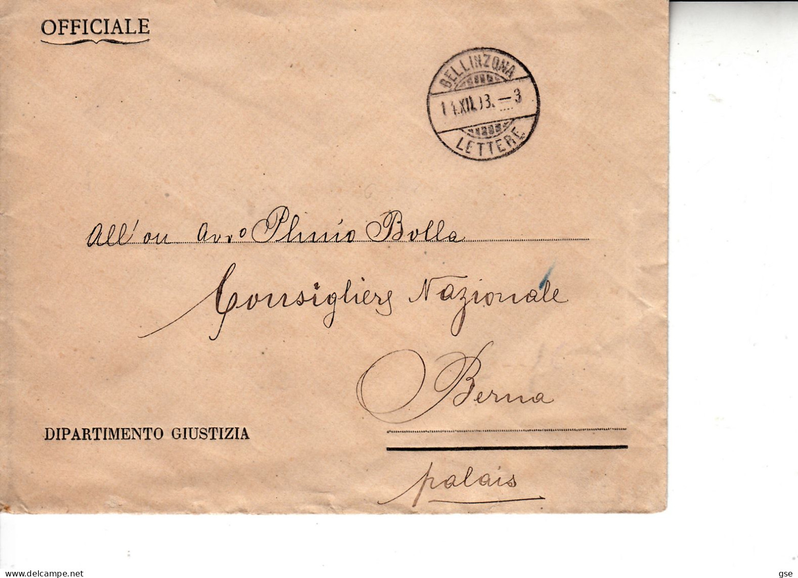 SVIZZERA  1893 - Lettera Da  Bellinzona A Berna - "OFFICIALE" - Dipartimento Giustizia - Vrijstelling Van Portkosten