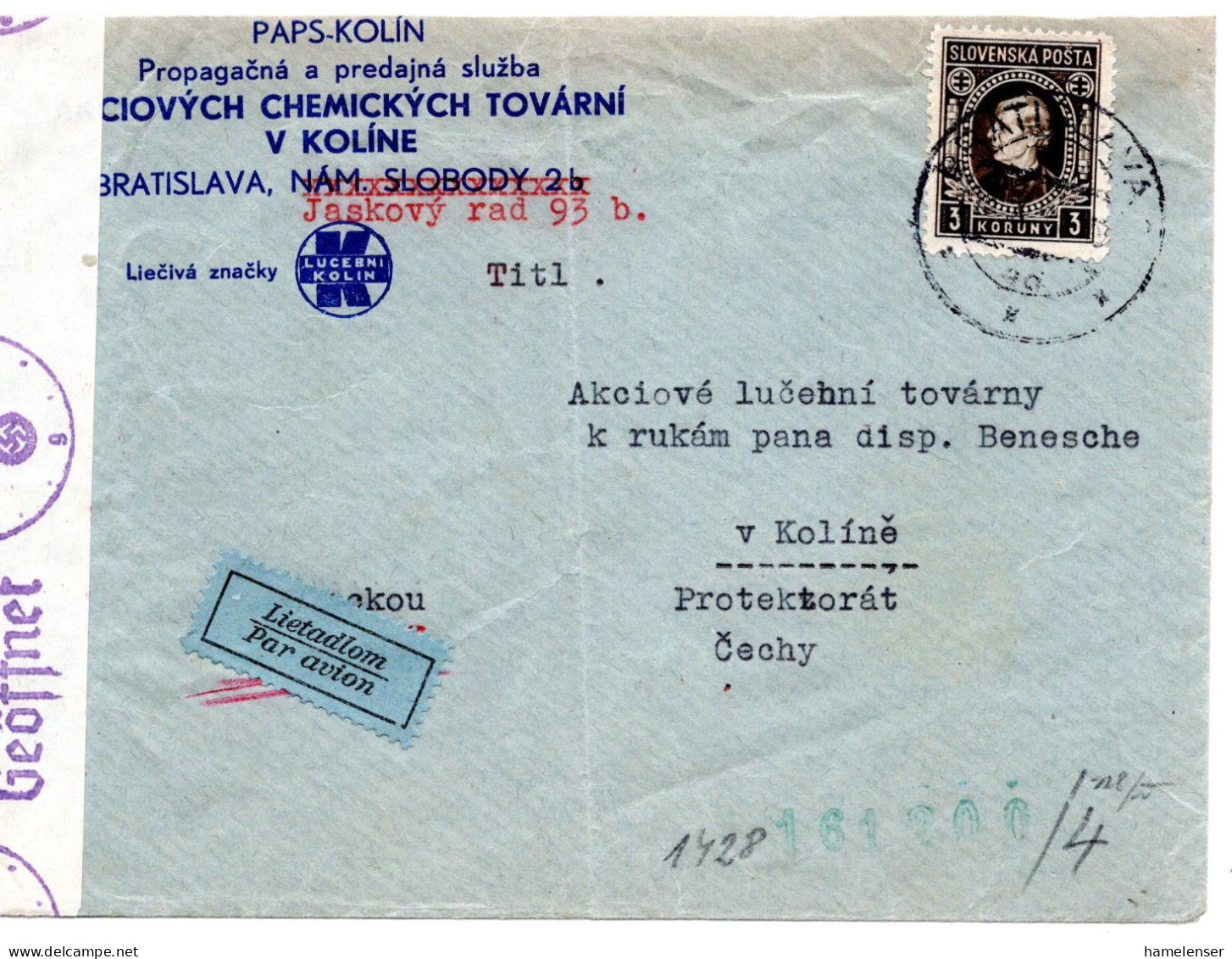 64675 - Slowakei - 1941 - 3Ks Hlinka EF A LpBf BRATISLAVA -> Boehmen & Maehren, M Dt Zensur, O Etw Reduziert (Marke OK) - Storia Postale