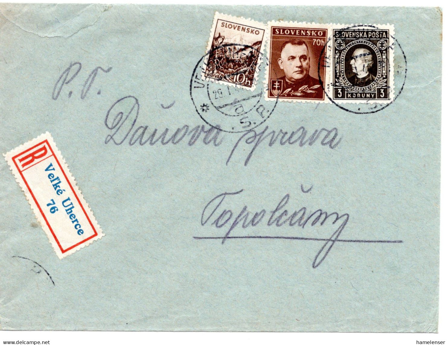 64678 - Slowakei - 1944 - 3Ks Hlinka EF A R-Bf VEL'KE UHERCE -> Topolcany - Lettres & Documents