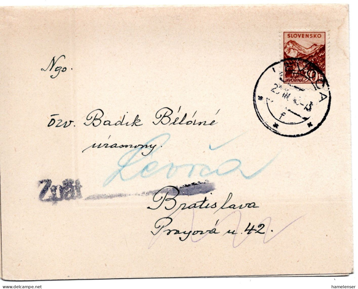 64680 - Slowakei - 1943 - 30h Javorina EF A Falt-Todesanzeige LEVOCA -> BRATISLAVA, An Abs Zurueck - Lettres & Documents