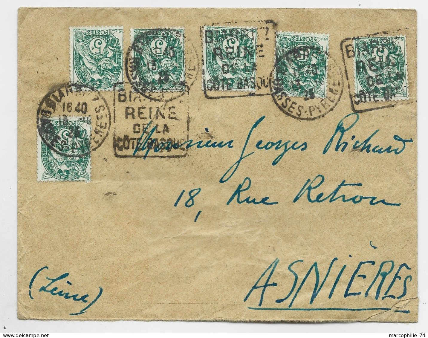 FRANCE BLANC 5C VERT JAUNE X5 LETTRE COVER DAGUIN BIARRITZ 13.10.25 BASSES PYRENNES - 1900-29 Blanc