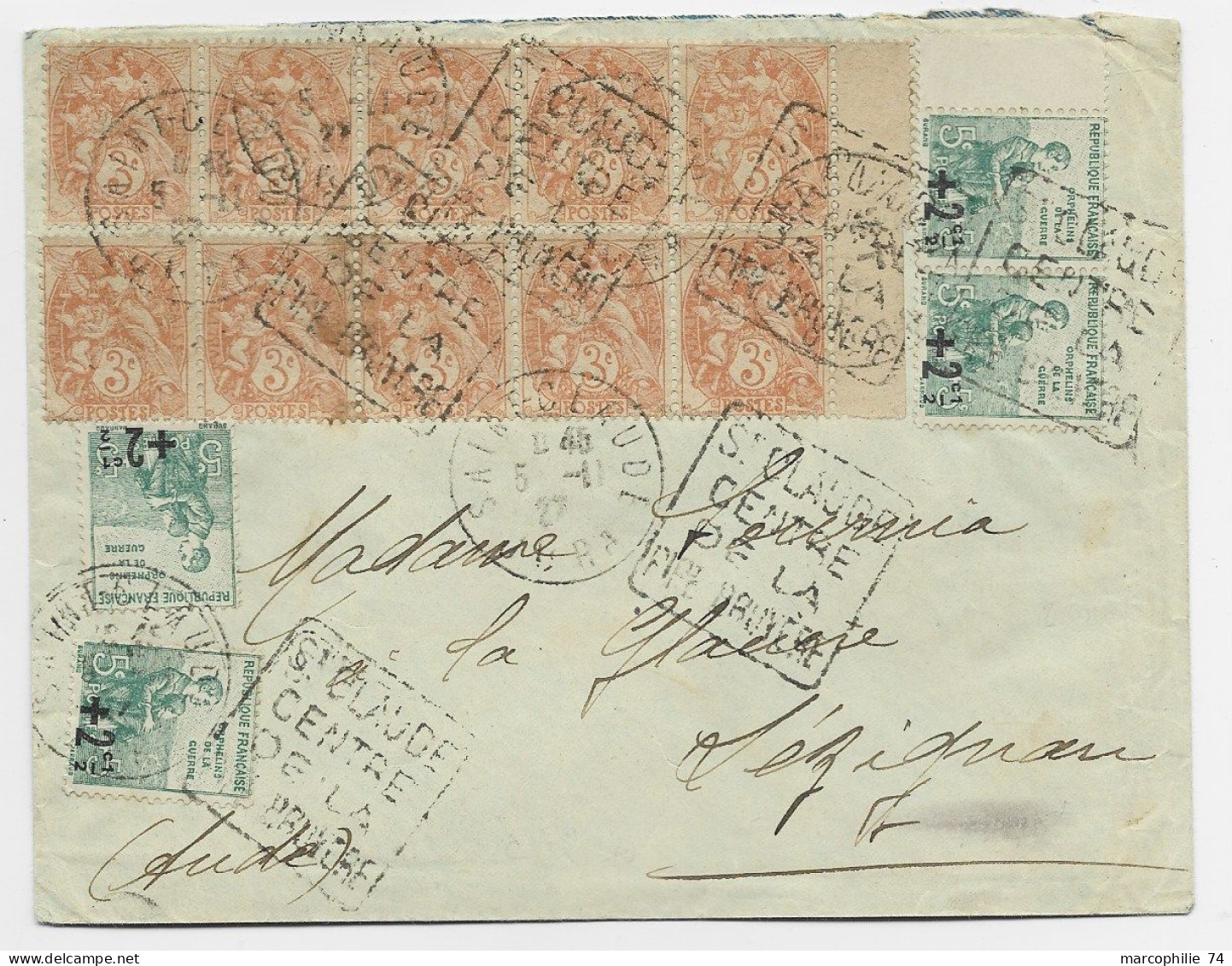 FRANCE BLANC 3C BLOC DE 10+ ORPHELINS 5CX4 LETTRE DAGUIN ST CLAUDE JURA 5.11.1927 AU TARIF - 1900-29 Blanc