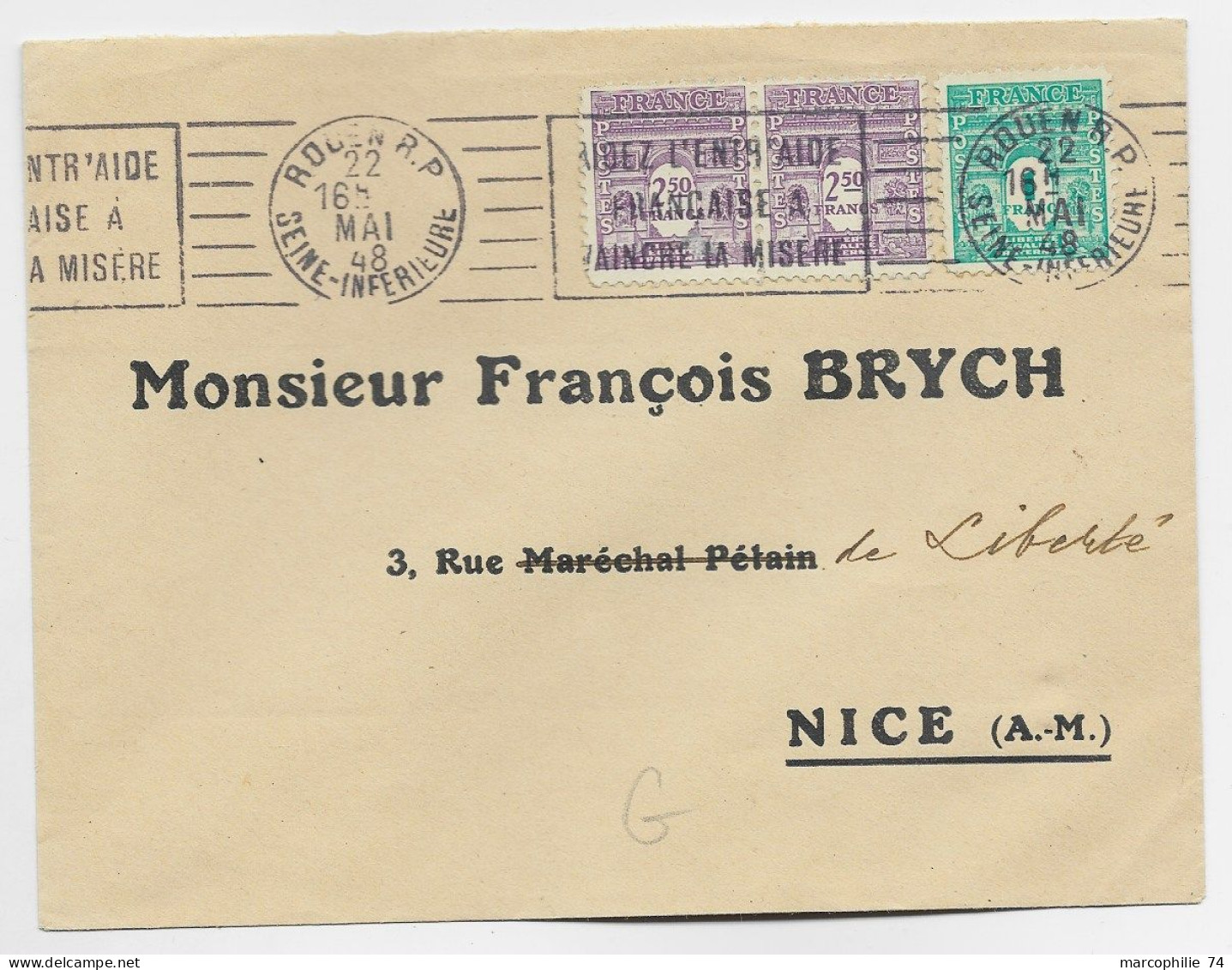 FRANCE ARC TRIOMPHE 2FR50 PAIRE +1FR LETTRE MEC ROUEN RP 22 MAI 1948  AU TARIF - 1944-45 Arco Del Triunfo