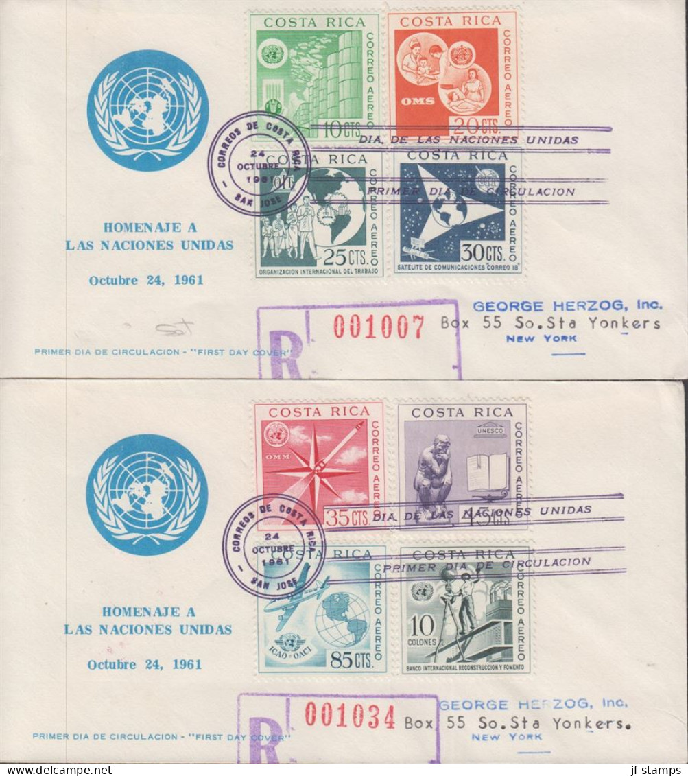 1961. COSTA RICA. Fine Set With 2 FDC To USA UNITED NATIONS Organisations Logos Complete ... (Michel 588-595) - JF438114 - Costa Rica