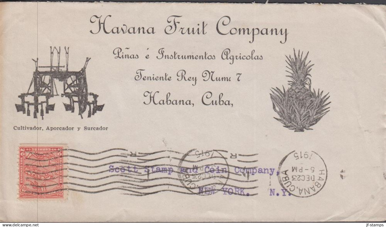 1915. CUBA 2 C. Map Over Cuba 3-sides Perf On Extremely Fine Advertisement Cover To USA From H... (Michel 29) - JF438119 - Agriculture