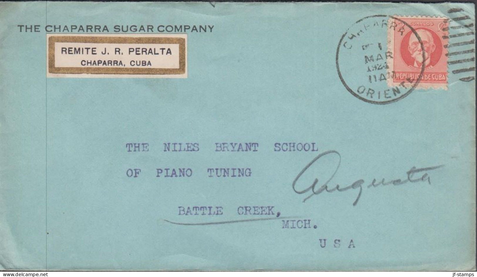 1924. CUBA 2 C  M. Gomez On Small Cover To THE NILES BRYANT SCHOOL OF PIANO TUNING, BATTLE CRE... (Michel 40) - JF438123 - Unused Stamps