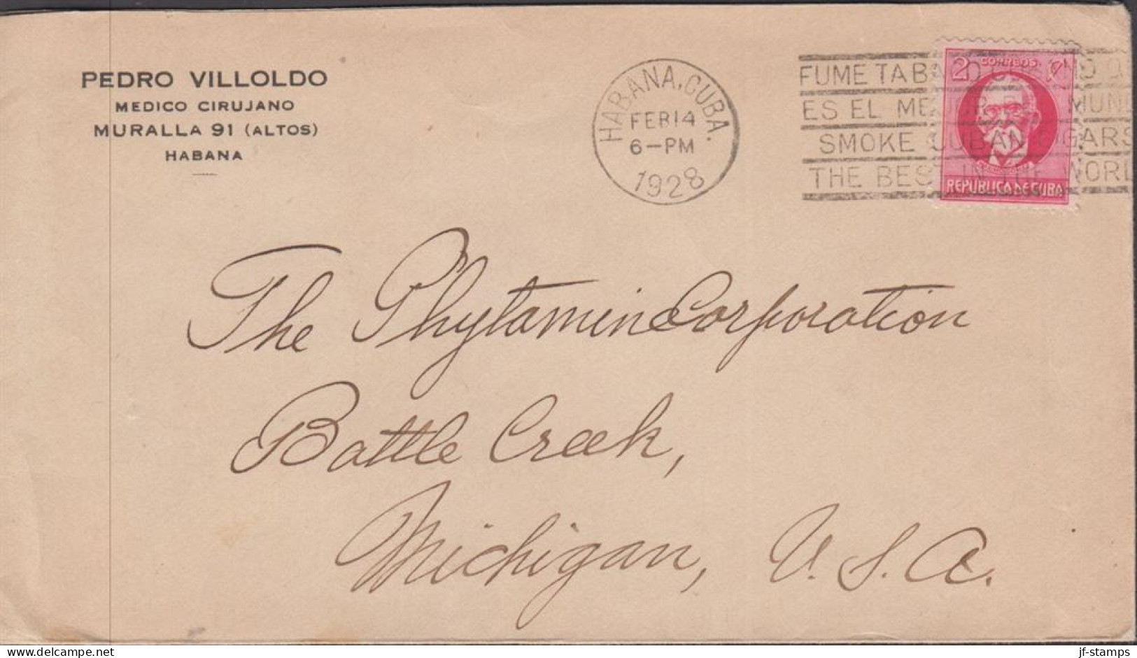 1928. CUBA 2 C  M. Gomez On Small Cover To Michigan, USA With Maschine- Cancel SMOKE CUBAN CIG... (Michel 40) - JF438124 - Nuovi