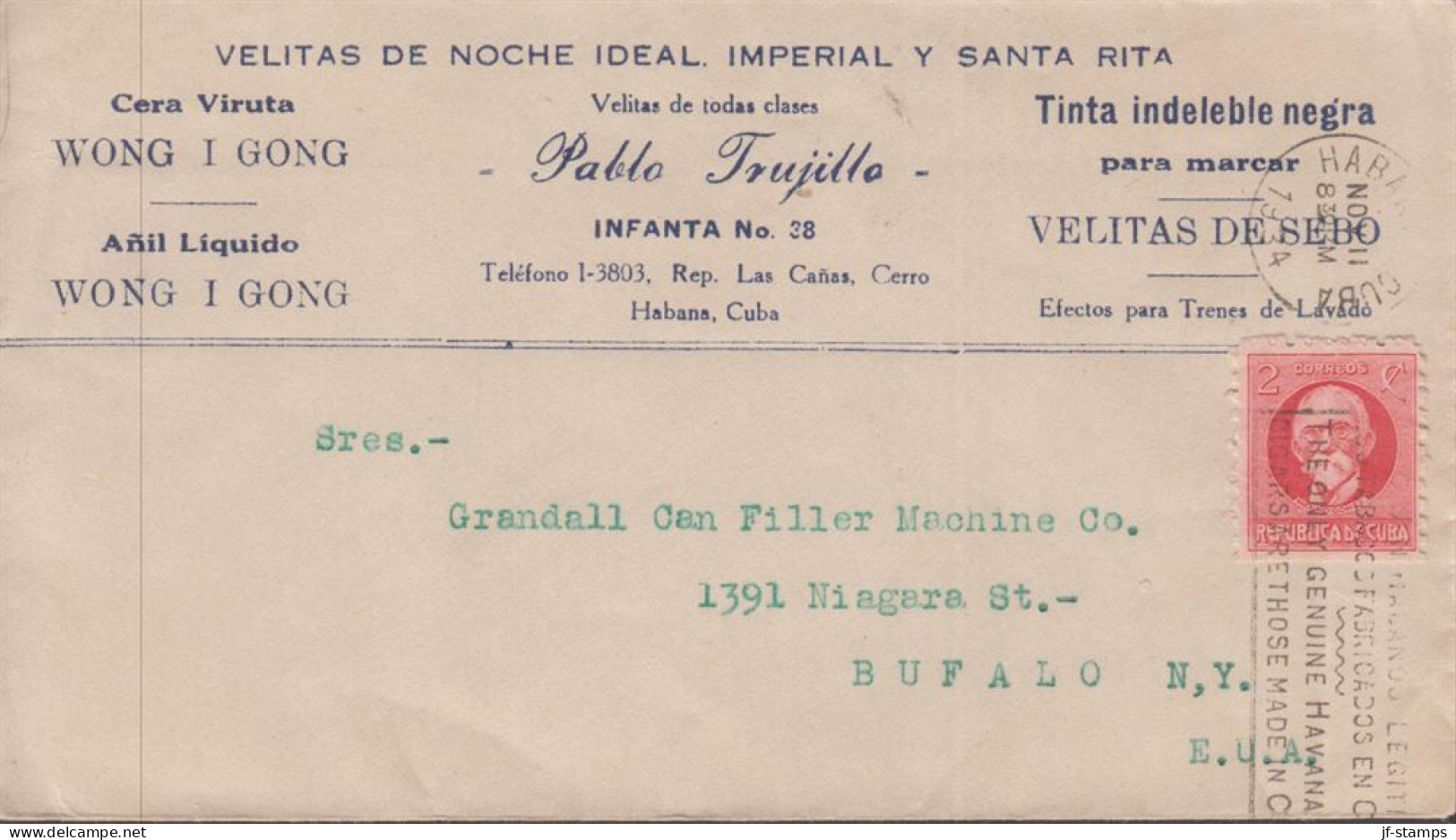 1934. CUBA 2 C  M. Gomez On Small Cover To Bufalo, USA With Maschine- Cancel THE ONLY GENUINE ... (Michel 40) - JF438125 - Nuevos