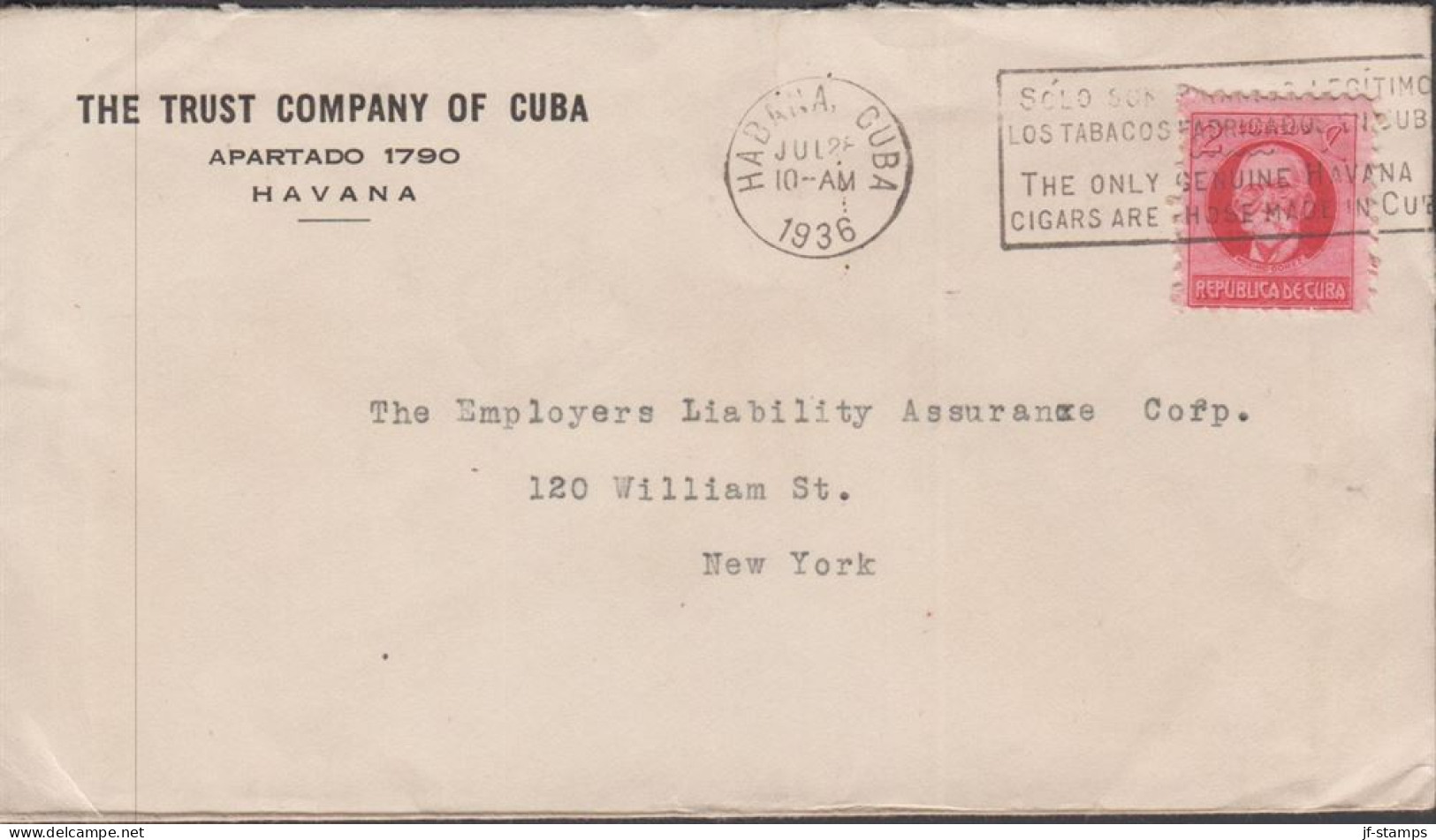 1936. CUBA 2 C  M. Gomez On Small Cover To New York, USA With Maschine- Cancel THE ONLY GENUIN... (Michel 40) - JF438126 - Ungebraucht