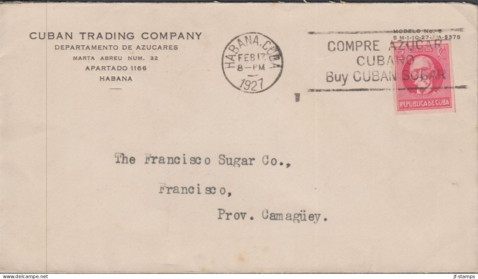 1927. CUBA 2 C  M. Gomez Imperforated On Small Cover To The Francisco Sugar Co, Prov. Camagüe... (Michel 49B) - JF438129 - Ungebraucht