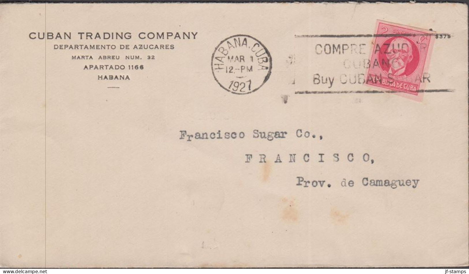 1927. CUBA 2 C  M. Gomez Imperforated On Small Cover To The Francisco Sugar Co, Prov. Camagüe... (Michel 49B) - JF438130 - Ongebruikt