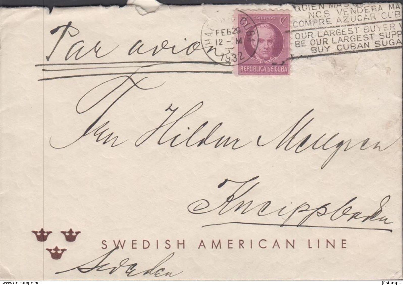 1932. CUBA 3 C Jose De La Luz Perforated On Small Cover (tears) From SWEDISH AMERICAN LINE To ... (Michel 50) - JF438131 - Nuevos