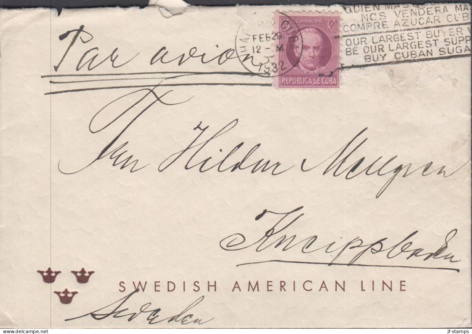 1932. CUBA 3 C Jose De La Luz Perforated On Small Cover (tears) From SWEDISH AMERICAN LINE To ... (Michel 50) - JF438131 - Ungebraucht