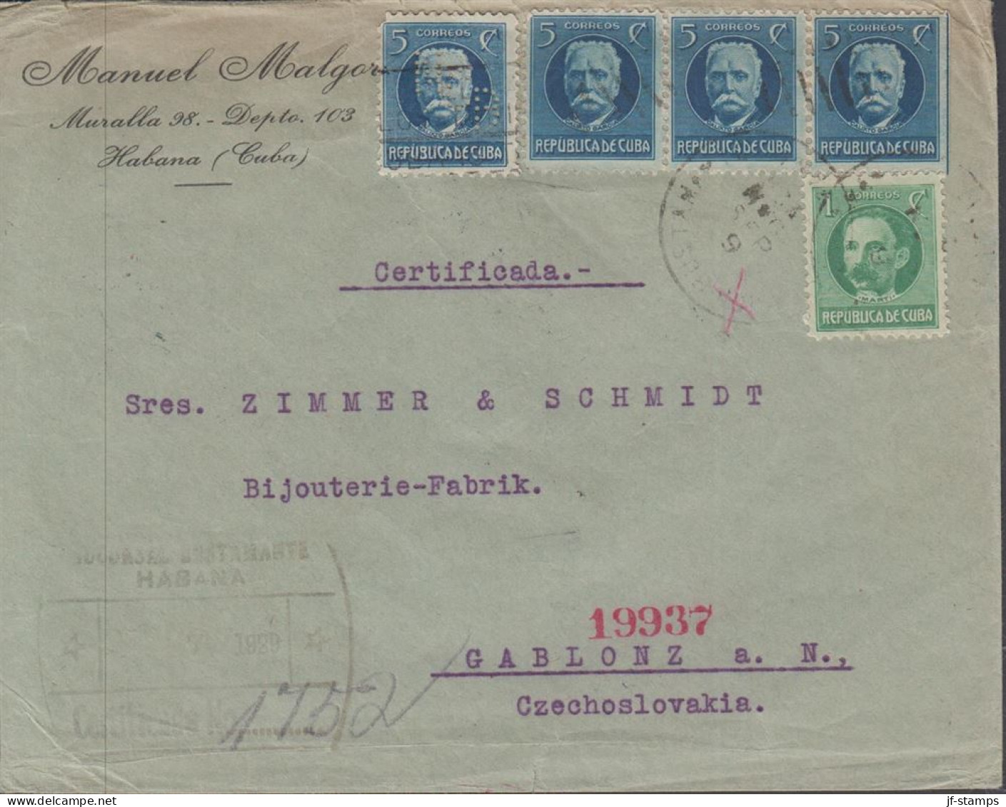 1929. CUBA 4 Ex 5 C  Calixto Garcia Perforated (one With Perfin N.C.R. + 1 C On Interesting Re... (Michel 51) - JF438133 - Ongebruikt