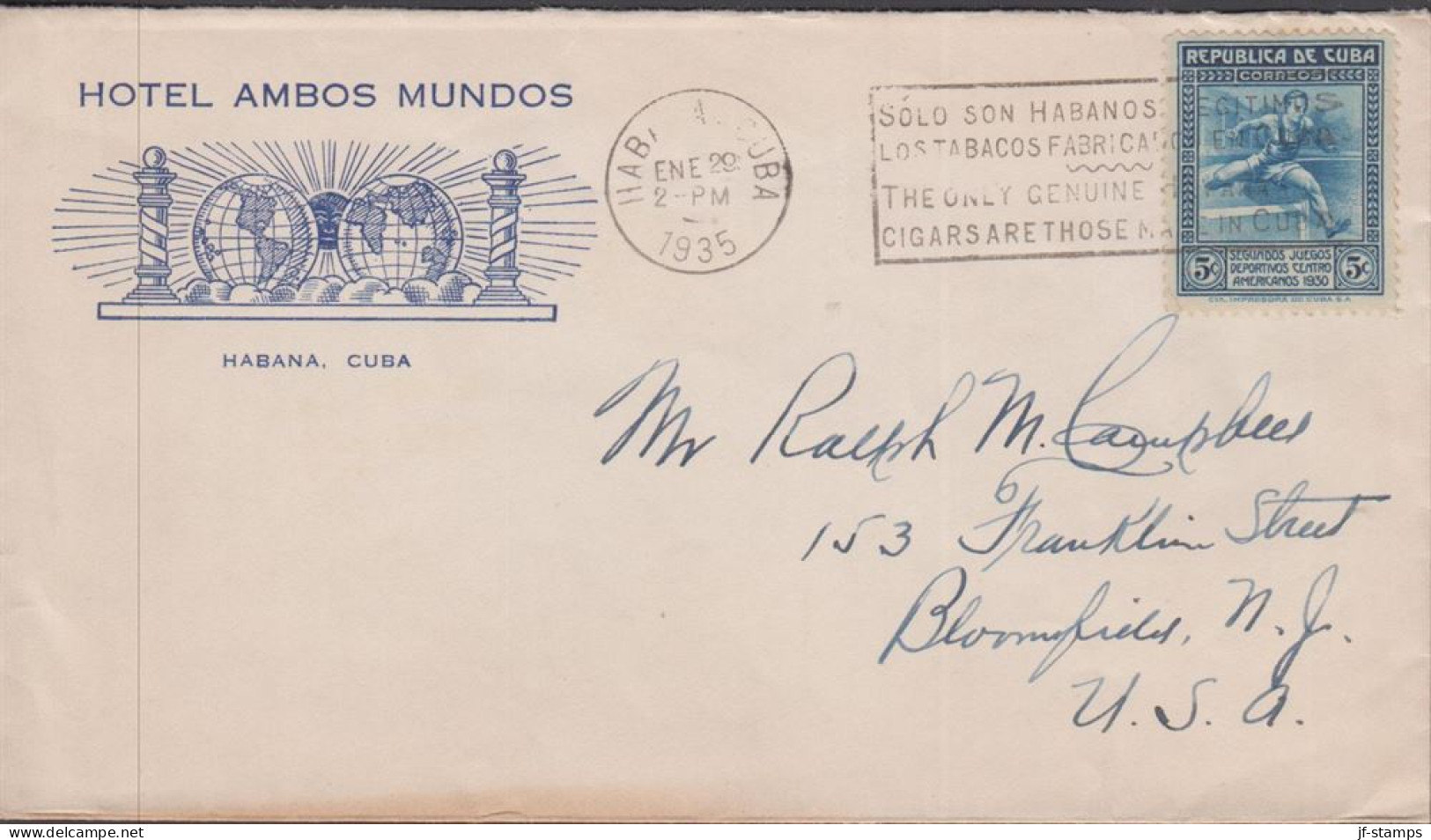 1935. CUBA 5 C Sport On Beautiful Small Advertisement Cover (HOTEL AMBOS MUNDOS HABANA, CUBA) ... (Michel 76) - JF438139 - Unused Stamps