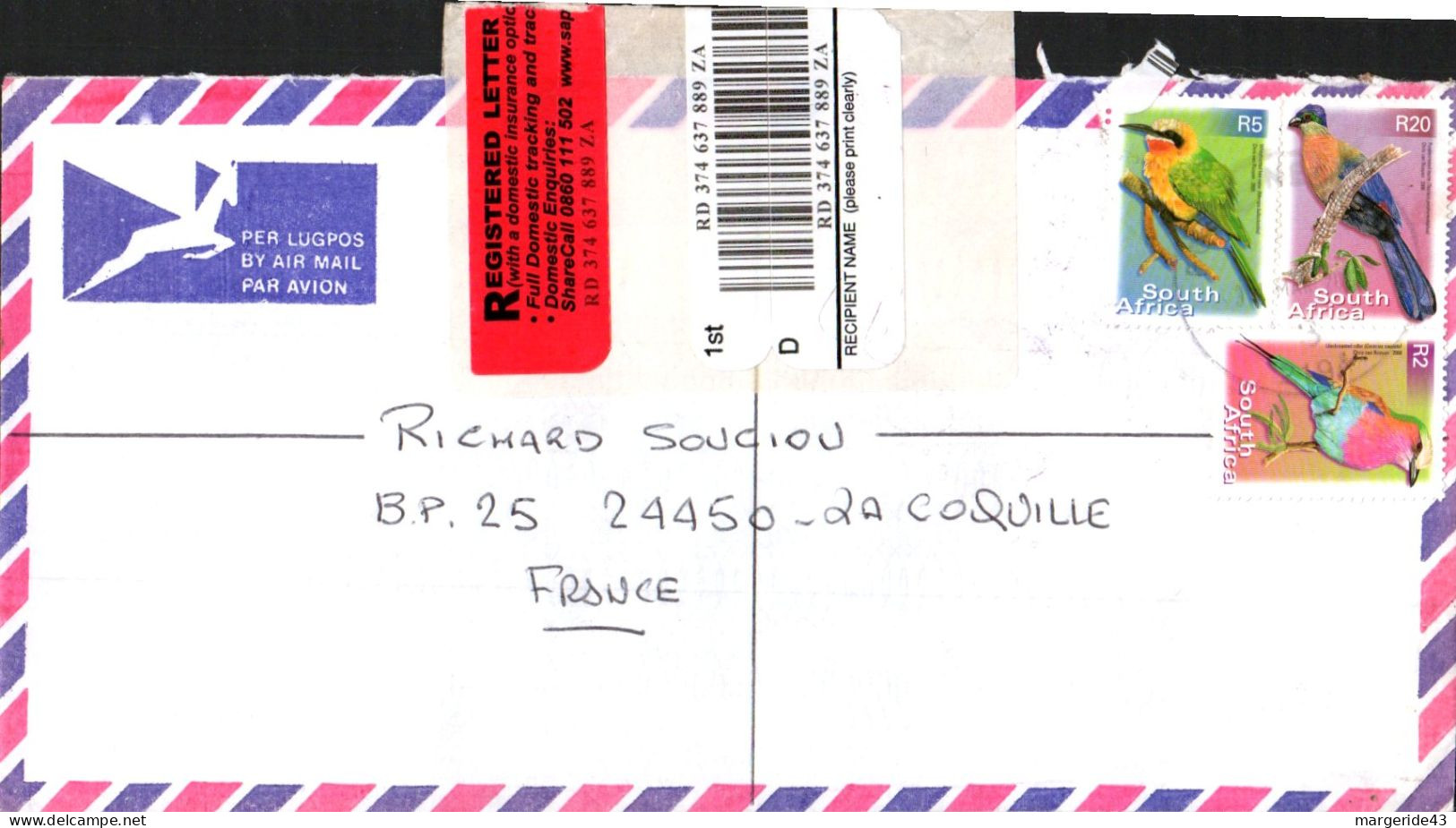 AFRIQUE DU SUD AFFRANCHISSEMENT COMPOSE SUR LETTRE RECOMMANDEE POUR LA FRANCE 1993 - Cartas & Documentos