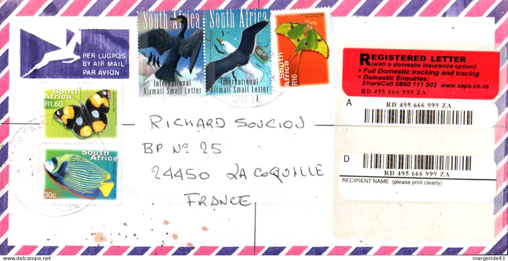 AFRIQUE DU SUD AFFRANCHISSEMENT COMPOSE SUR LETTRE RECOMMANDEE POUR LA FRANCE 1993 - Covers & Documents