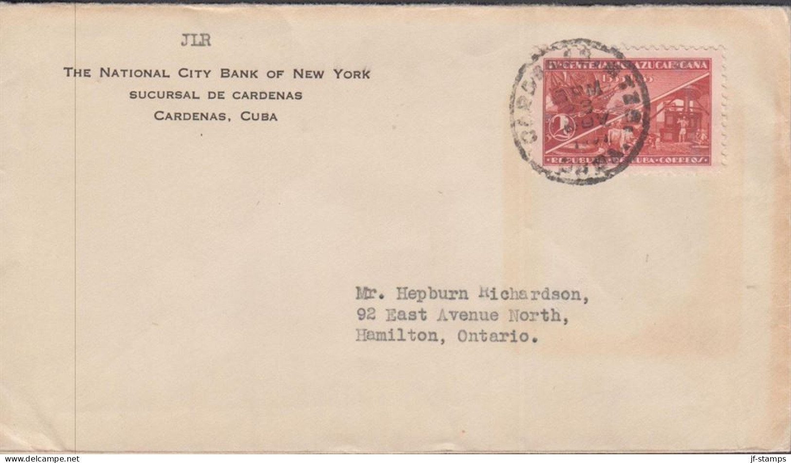 1937. CUBA 2 C Sugar-issue On Fine Small Cover To Hamilton, Ontario Cancelled CARDENAS CUBA 2... (Michel 129) - JF438142 - Nuovi