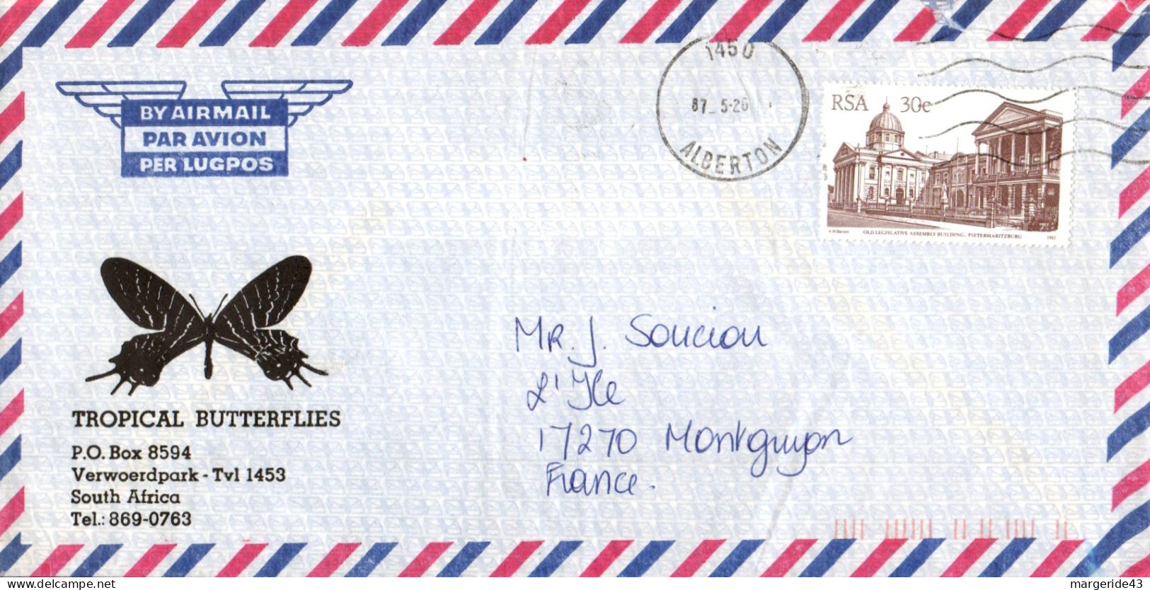 AFRIQUE DU SUD SEUL SUR LETTRE POUR LA FRANCE 1987 - Briefe U. Dokumente