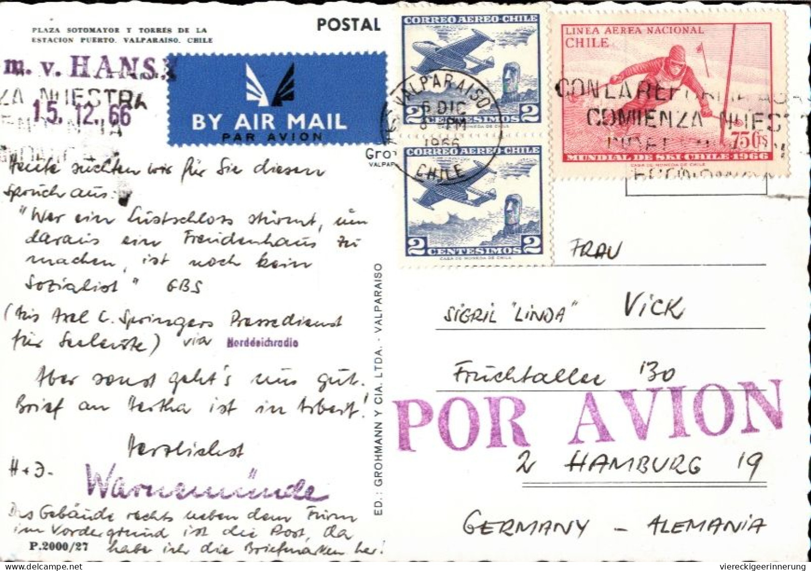 !  1966 Ansichtskarte Aus Valparaiso Chile, Hafen, Harbour, Luftpost, Abs. Seemann Vom Schiff MS Hanse, Lübeck - Cile